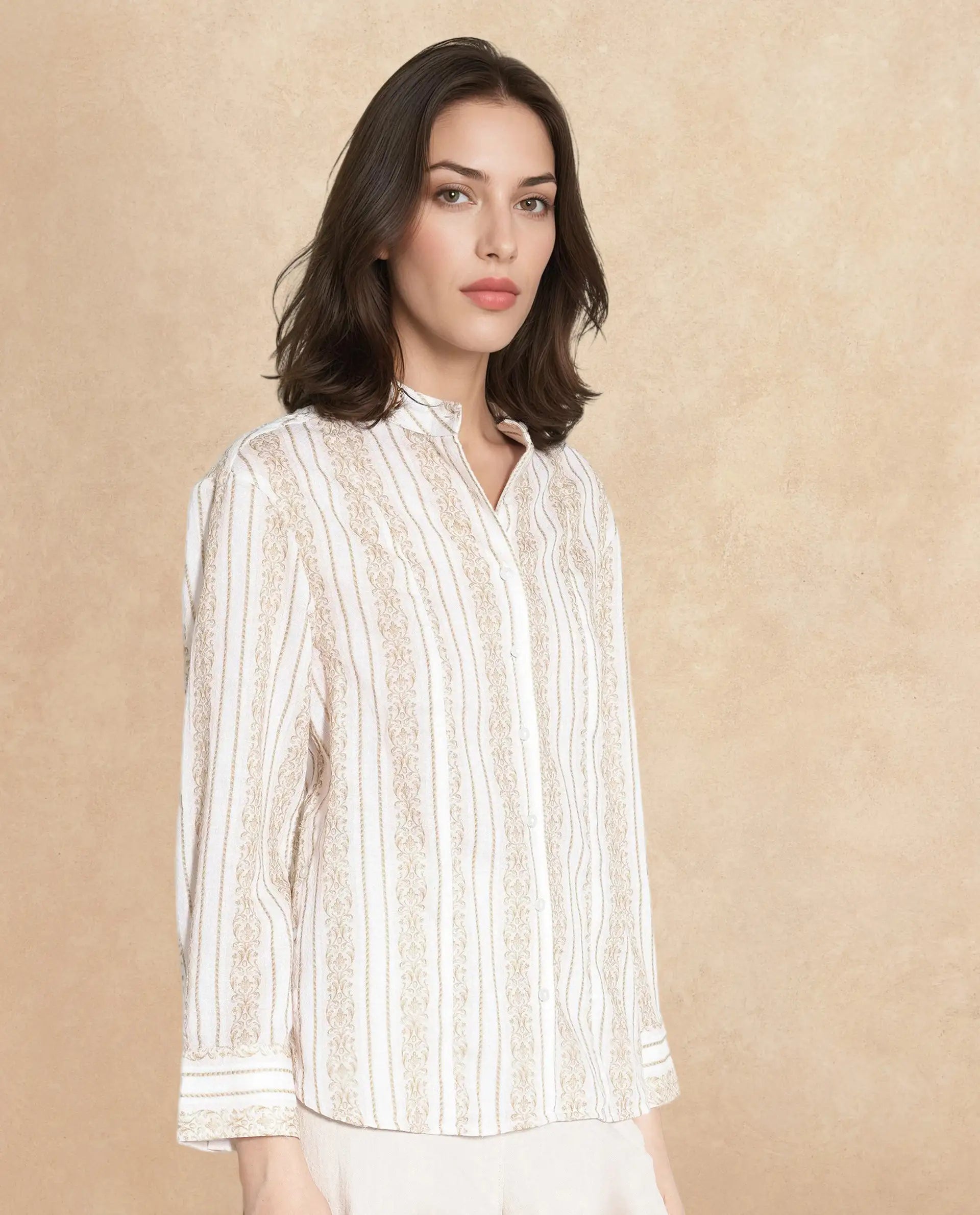 Rareism Women Cuneo Beige Cuffed Sleeve Mandarin Collar Broad Stripes Shirt