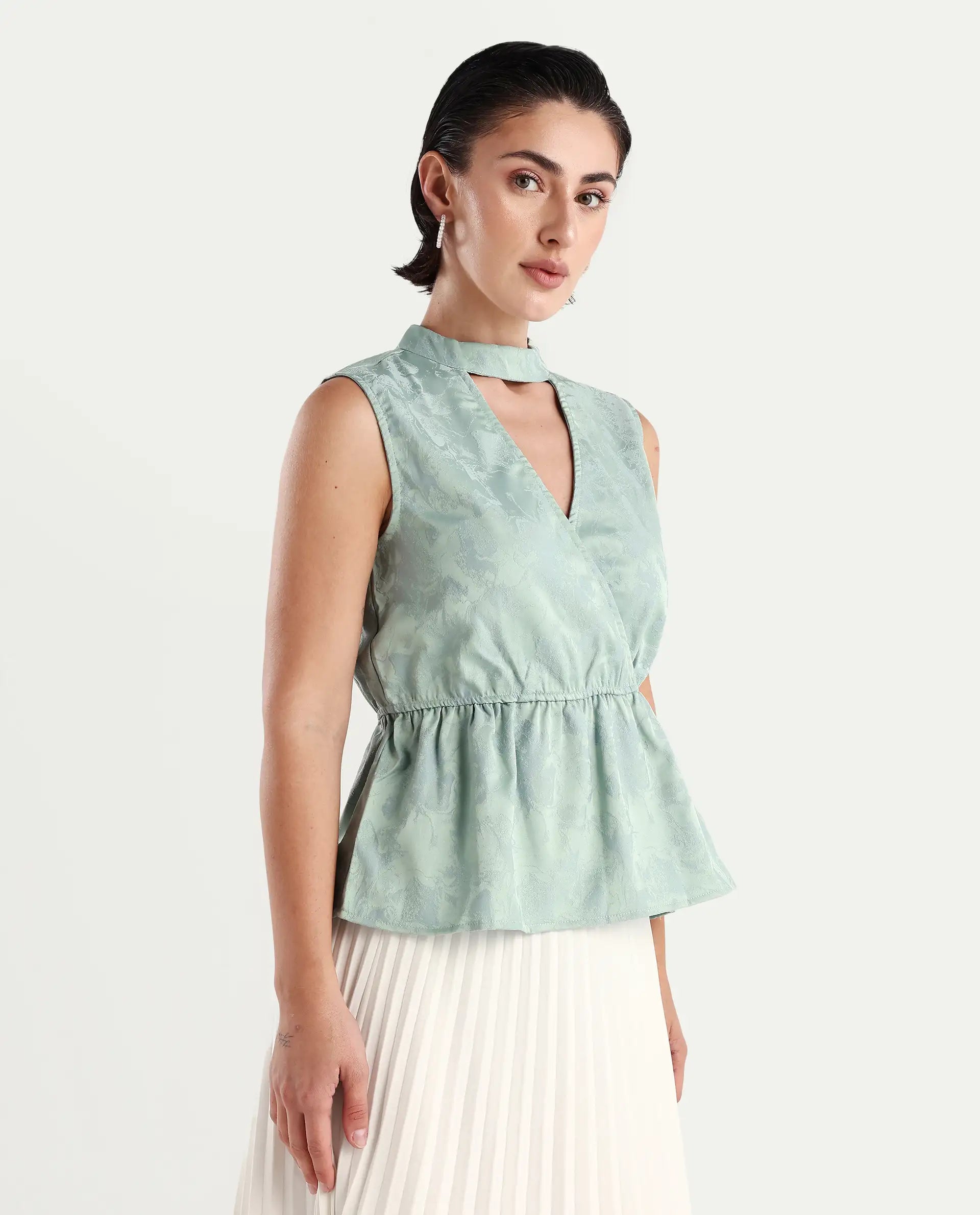 Rareism Women's Cupid Light Blue Polyester Cutaway Collar Plain Sleeveless Regular Fit Top