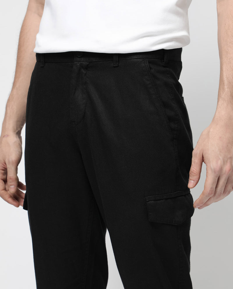 Rare Rabbit Men's Curon Black Mid Rise Regular Fit Cotton Cargo Style Solid Trousers