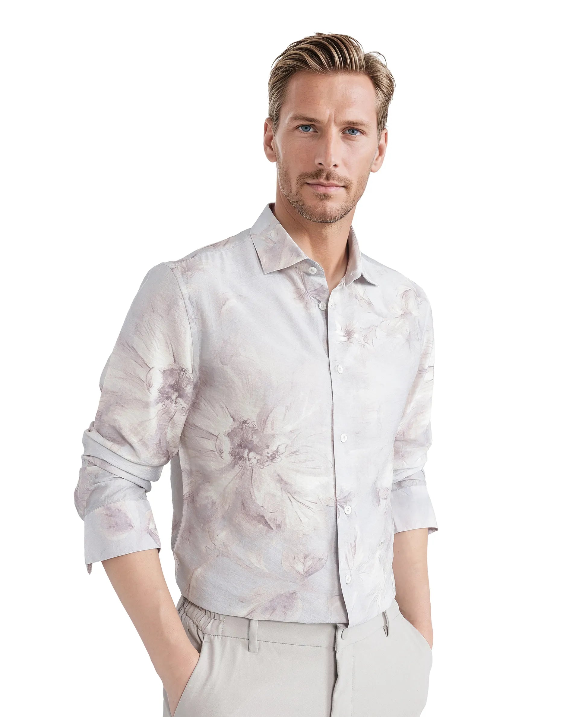 Rare Rabbit Men Curas Pastel Blue Viscose Nylon Fabric Full Sleeve Regular Collared Button Closure Relaxed Fit Floral Print Shirt