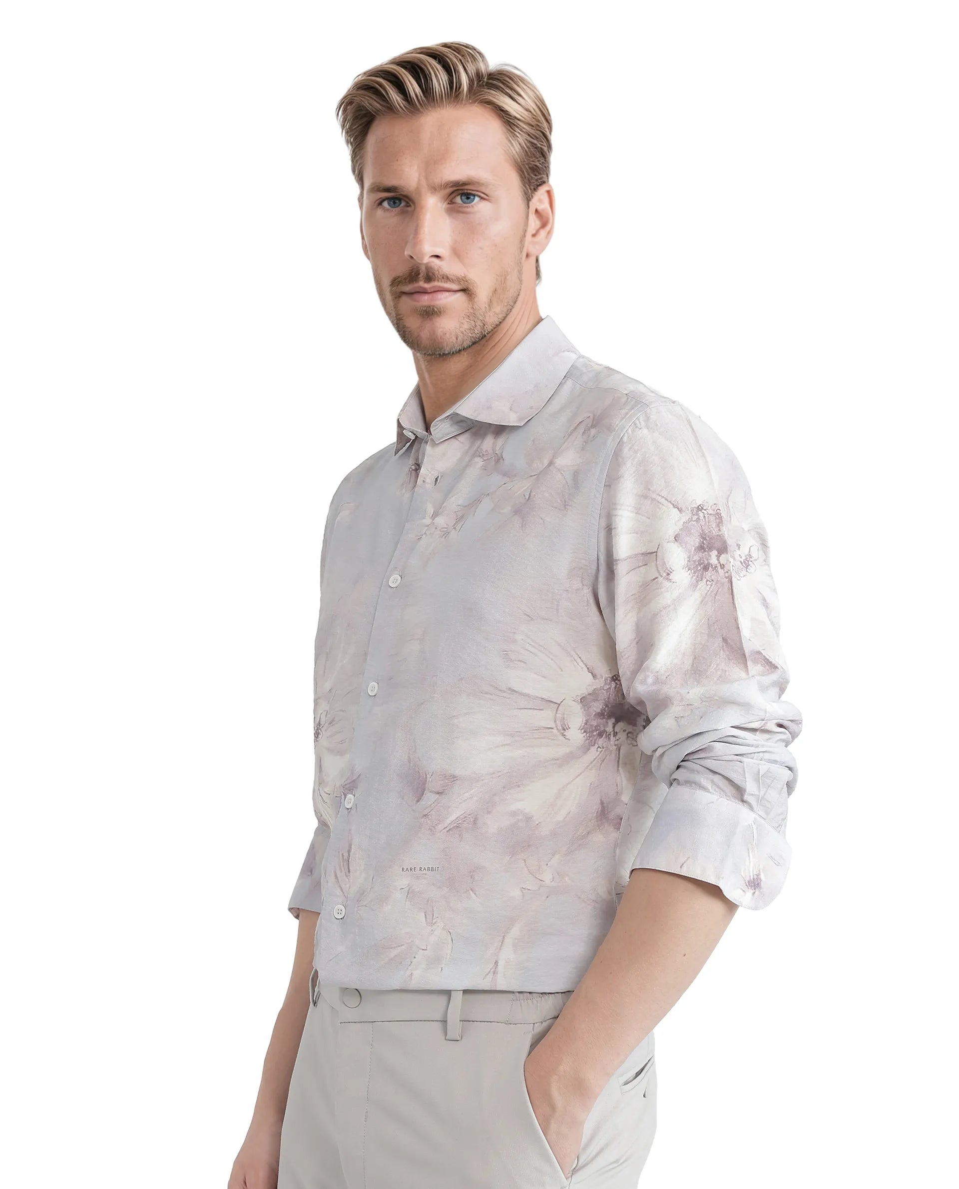 Rare Rabbit Men Curas Pastel Blue Viscose Nylon Fabric Full Sleeve Regular Collared Button Closure Relaxed Fit Floral Print Shirt