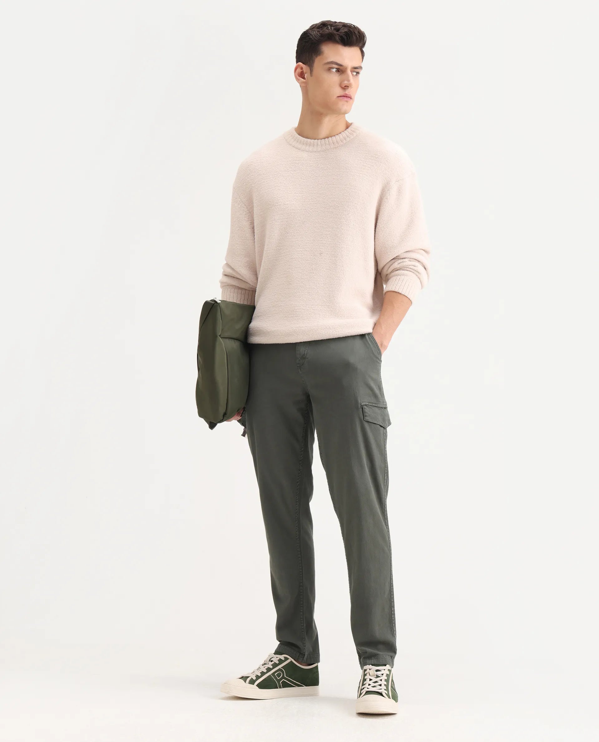 Rare Rabbit Men's Curex Dusky Olive Cotton Blend Plain Regular Fit Trouser