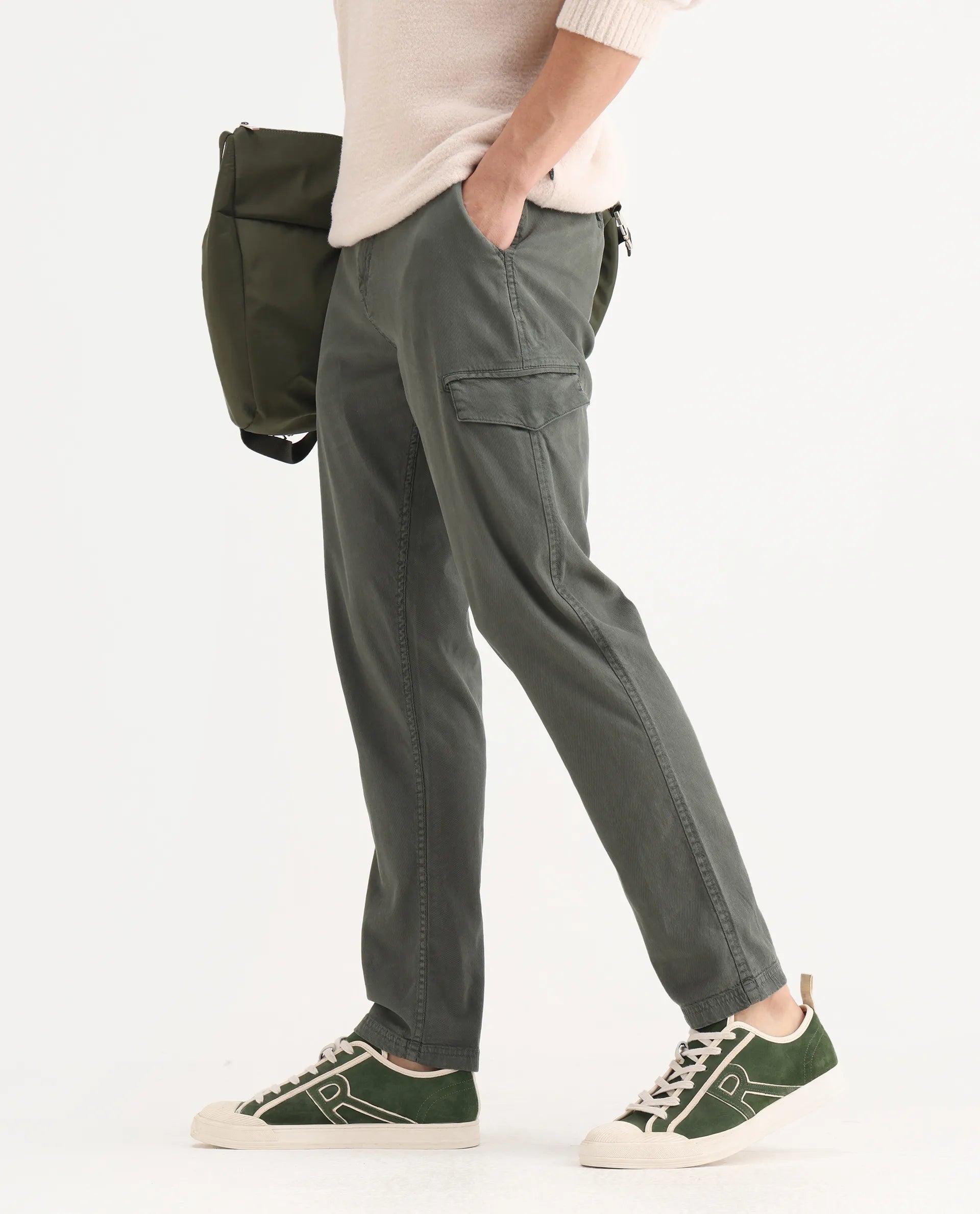 Rare Rabbit Men's Curex Dusky Olive Cotton Blend Plain Regular Fit Trouser