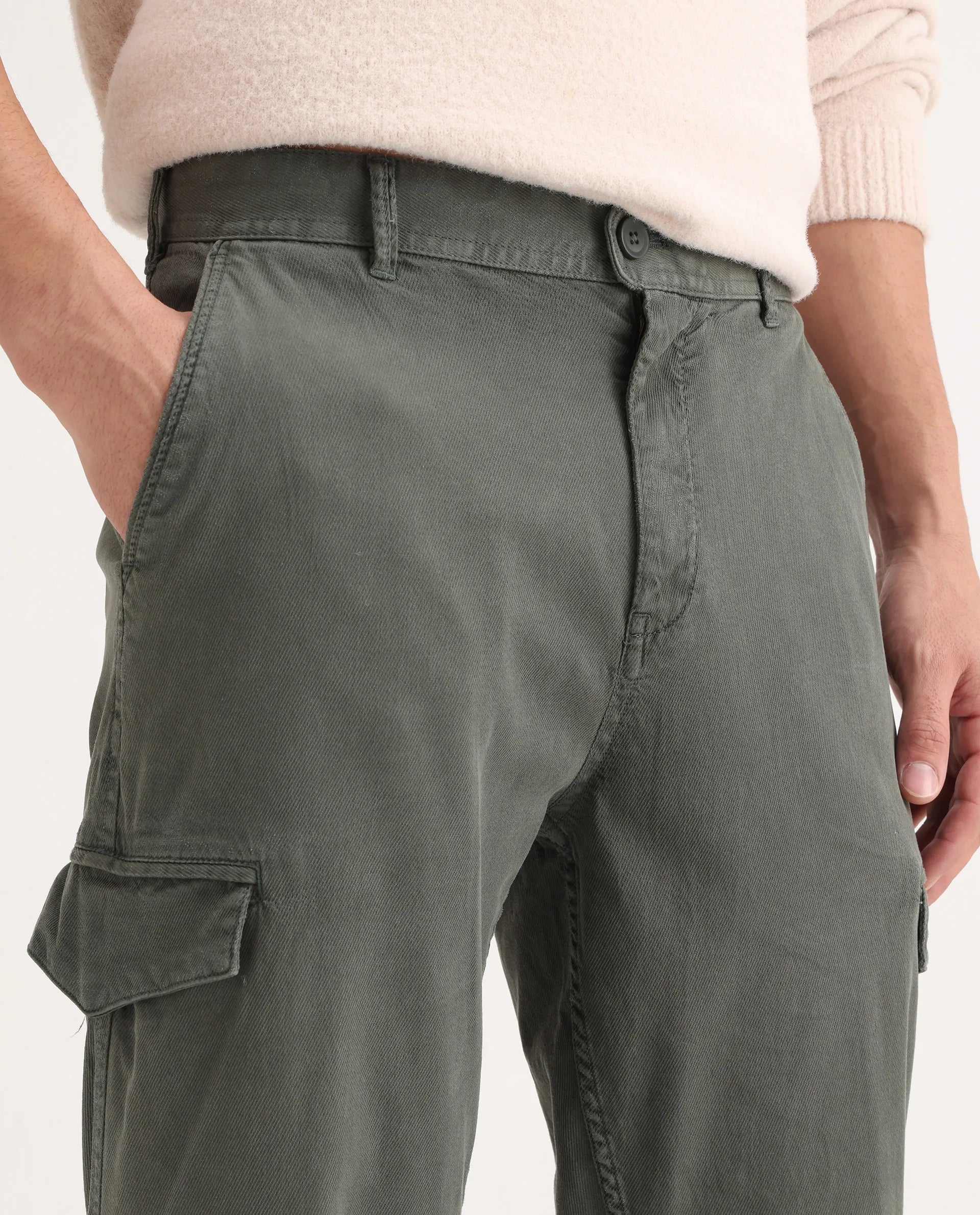 Rare Rabbit Men's Curex Dusky Olive Cotton Blend Plain Regular Fit Trouser