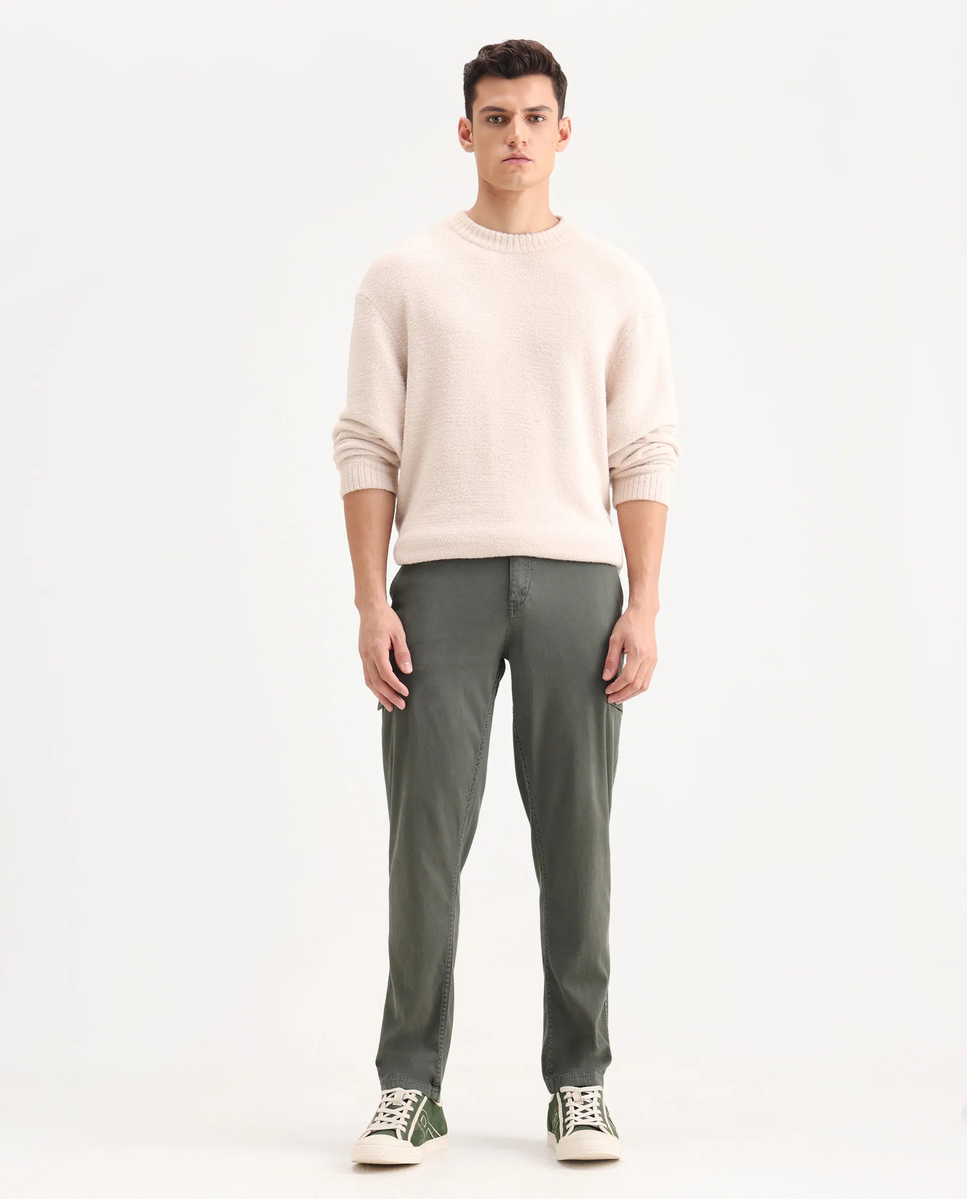 Rare Rabbit Men's Curex Dusky Olive Cotton Blend Plain Regular Fit Trouser