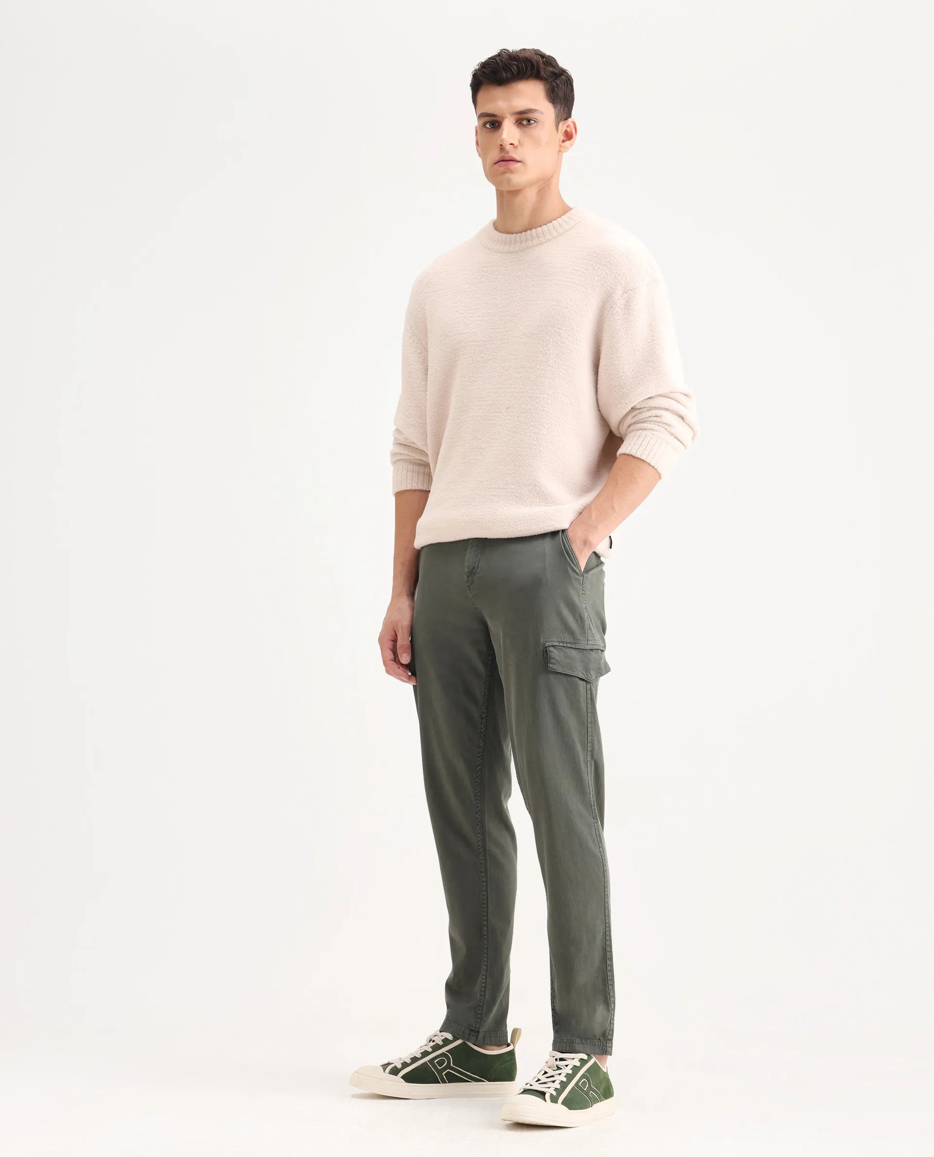 Rare Rabbit Men's Curex Dusky Olive Cotton Blend Plain Regular Fit Trouser