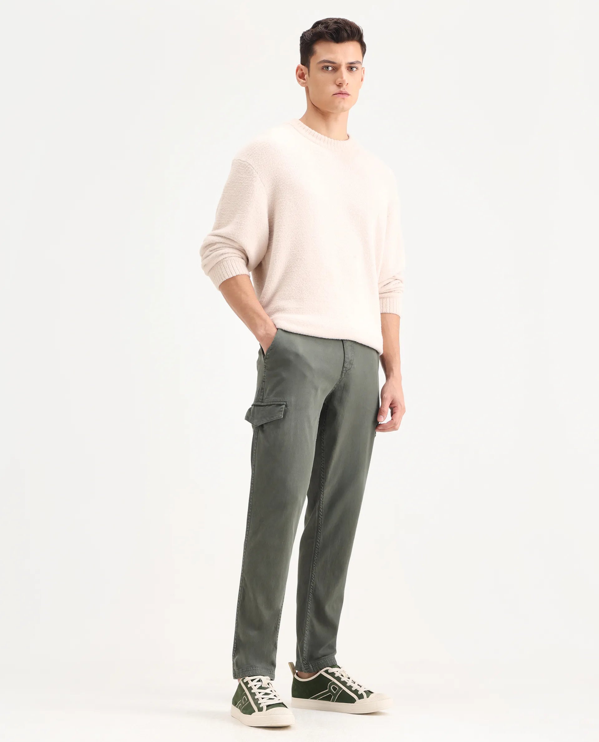 Rare Rabbit Men's Curex Dusky Olive Cotton Blend Plain Regular Fit Trouser