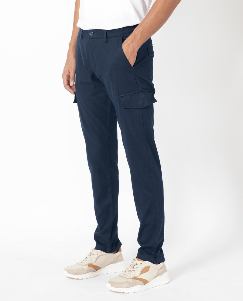 Rare Rabbit Men's Curo Navy Solid Mid-Rise Regular Fit Cargo Style Trouser