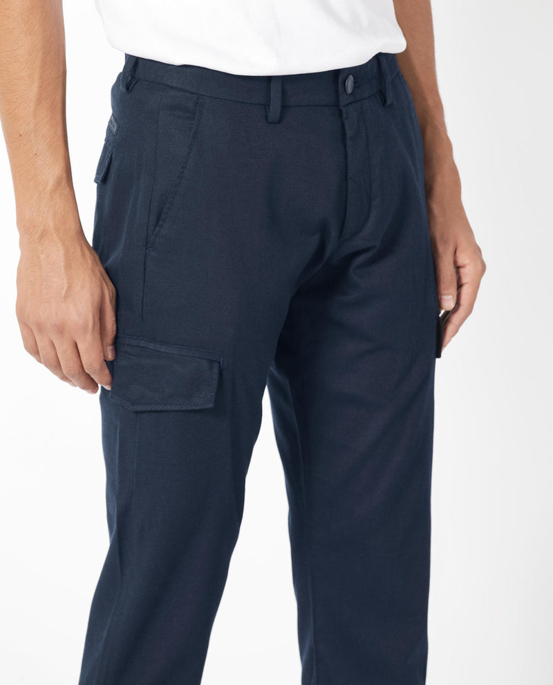 Rare Rabbit Men's Curo Navy Solid Mid-Rise Regular Fit Cargo Style Trouser