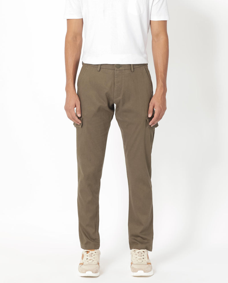 Rare Rabbit Men's Curo Olive Solid Mid-Rise Regular Fit Cargo Style Trouser