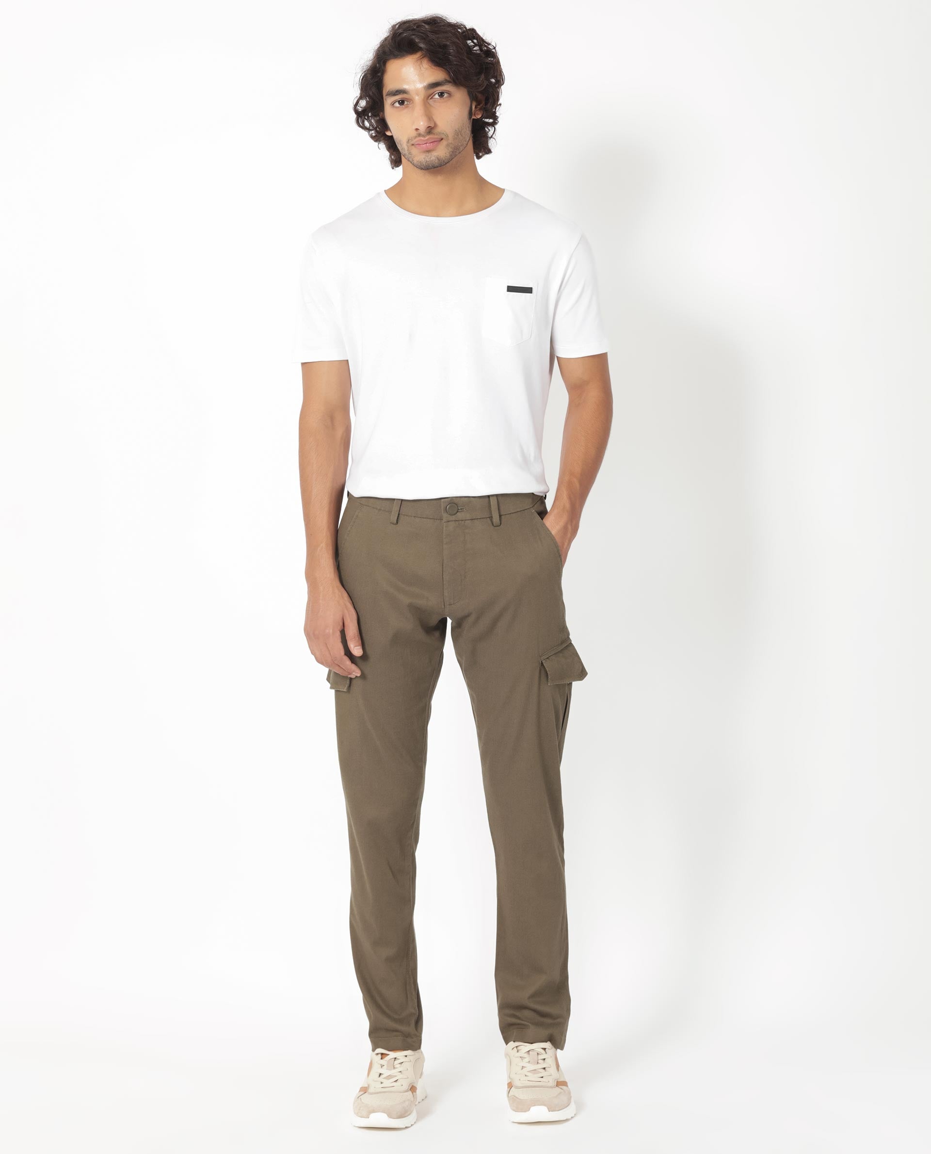 Rare Rabbit Men's Curo Olive Solid Mid-Rise Regular Fit Cargo Style Trouser