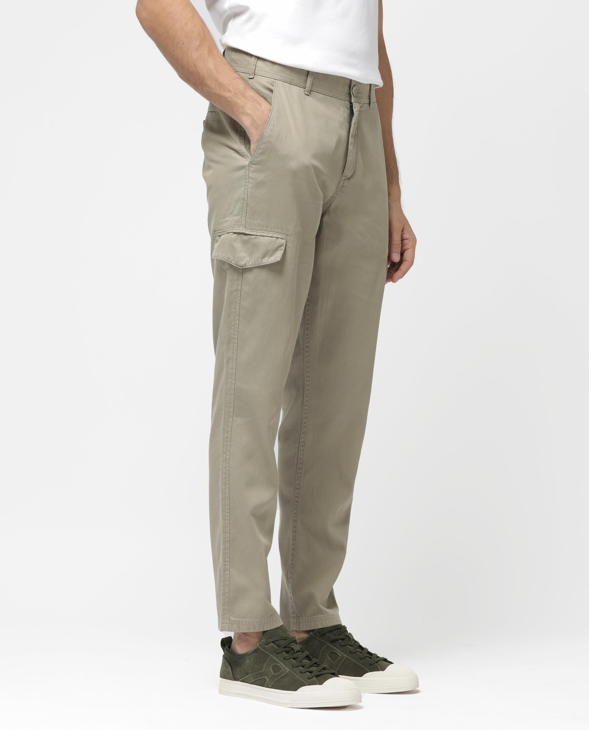 Rare Rabbit Men's Curon Pastel Green Mid Rise Regular Fit Cotton Cargo Style Solid Trousers