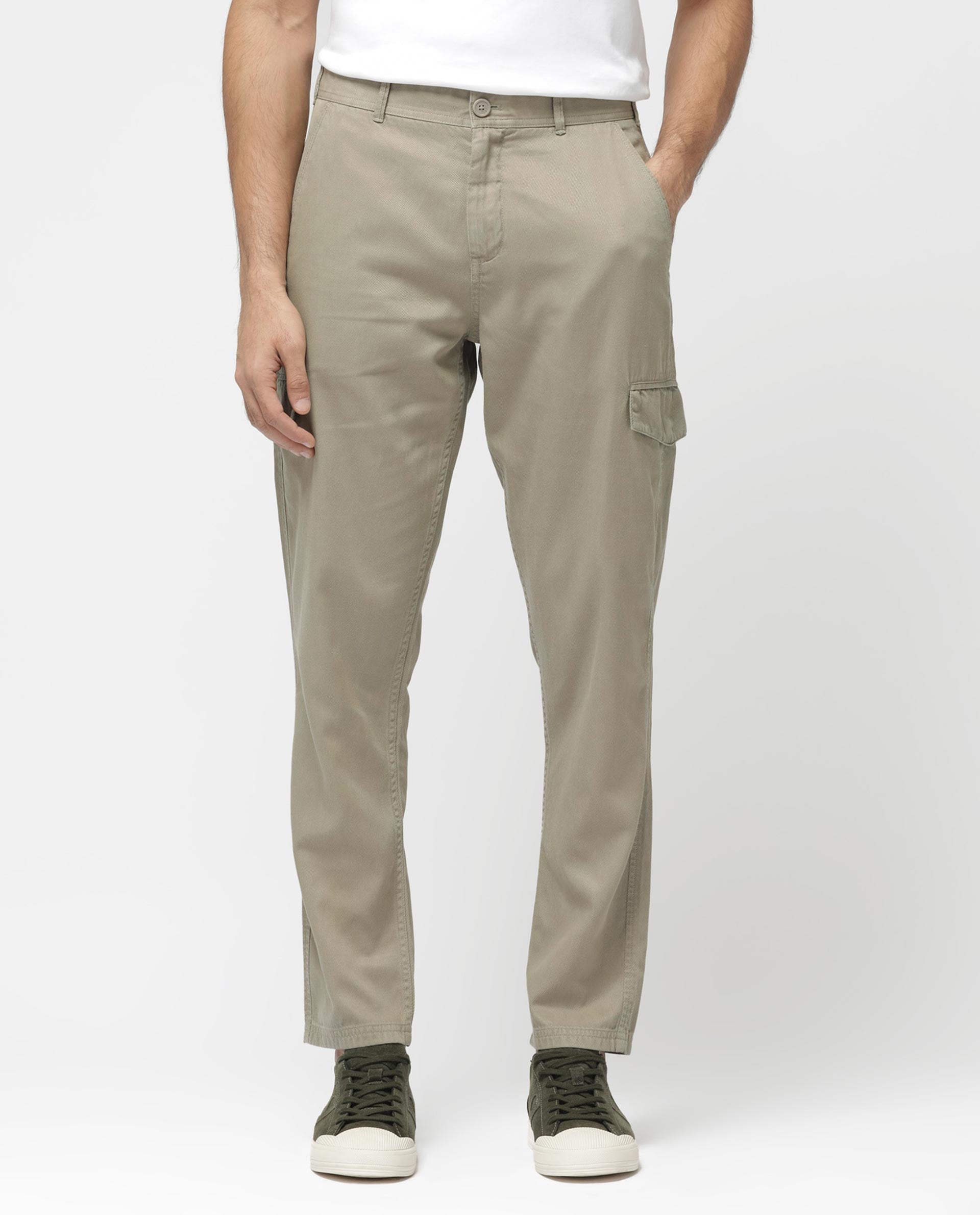 Rare Rabbit Men's Curon Pastel Green Mid Rise Regular Fit Cotton Cargo Style Solid Trousers