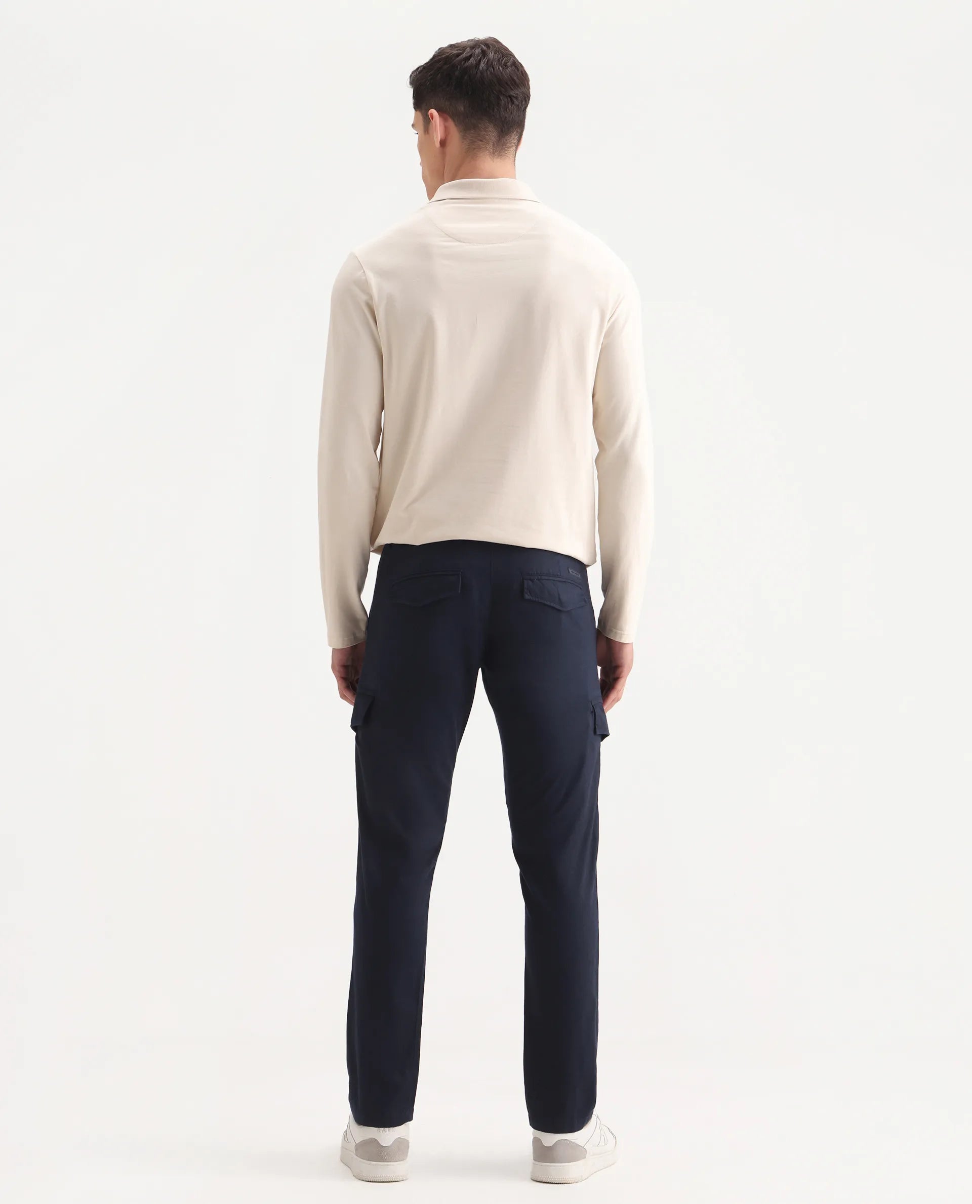 Rare Rabbit Men's Curo Navy Cotton Plain Regular Fit Trouser