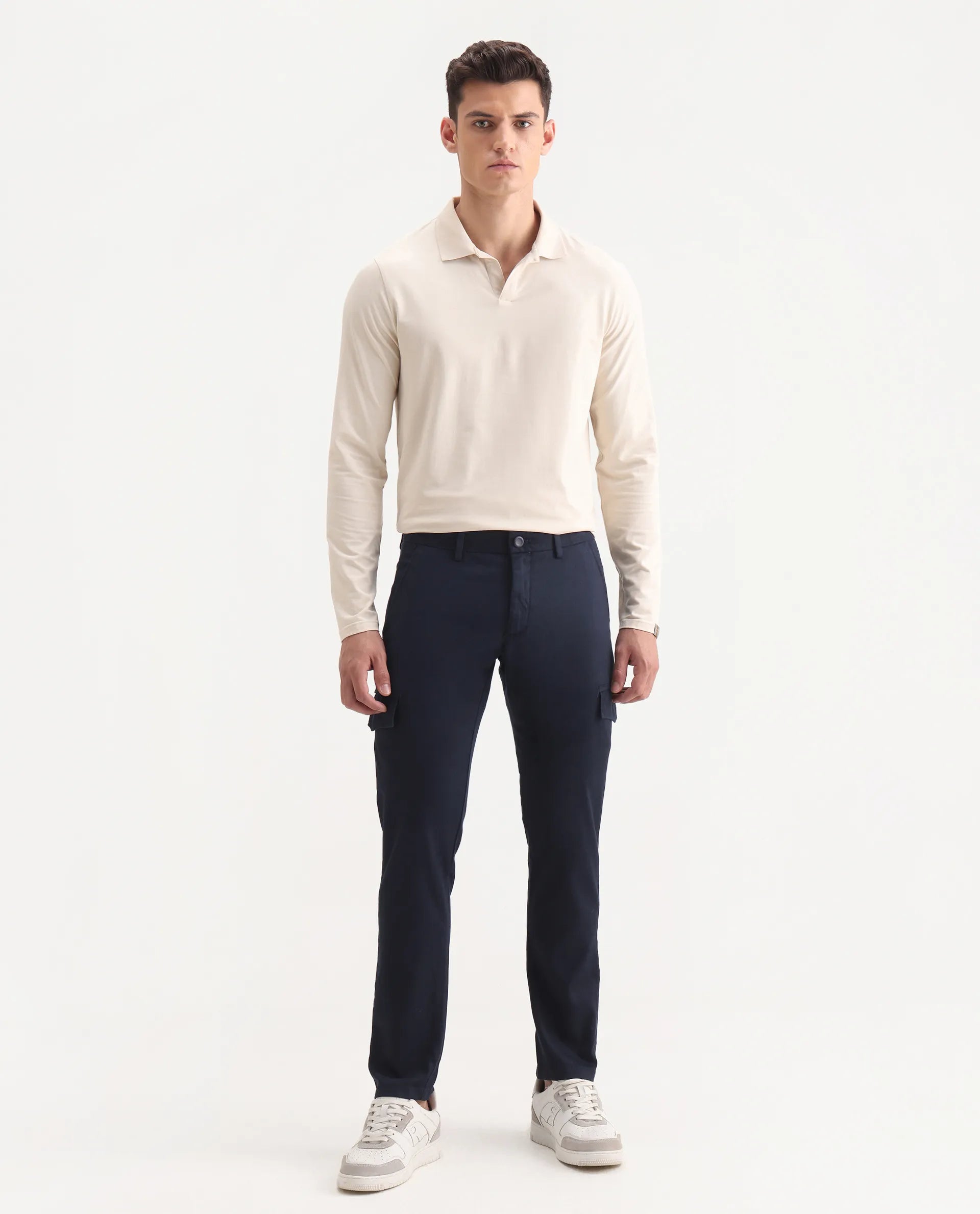 Rare Rabbit Men's Curo Navy Cotton Plain Regular Fit Trouser