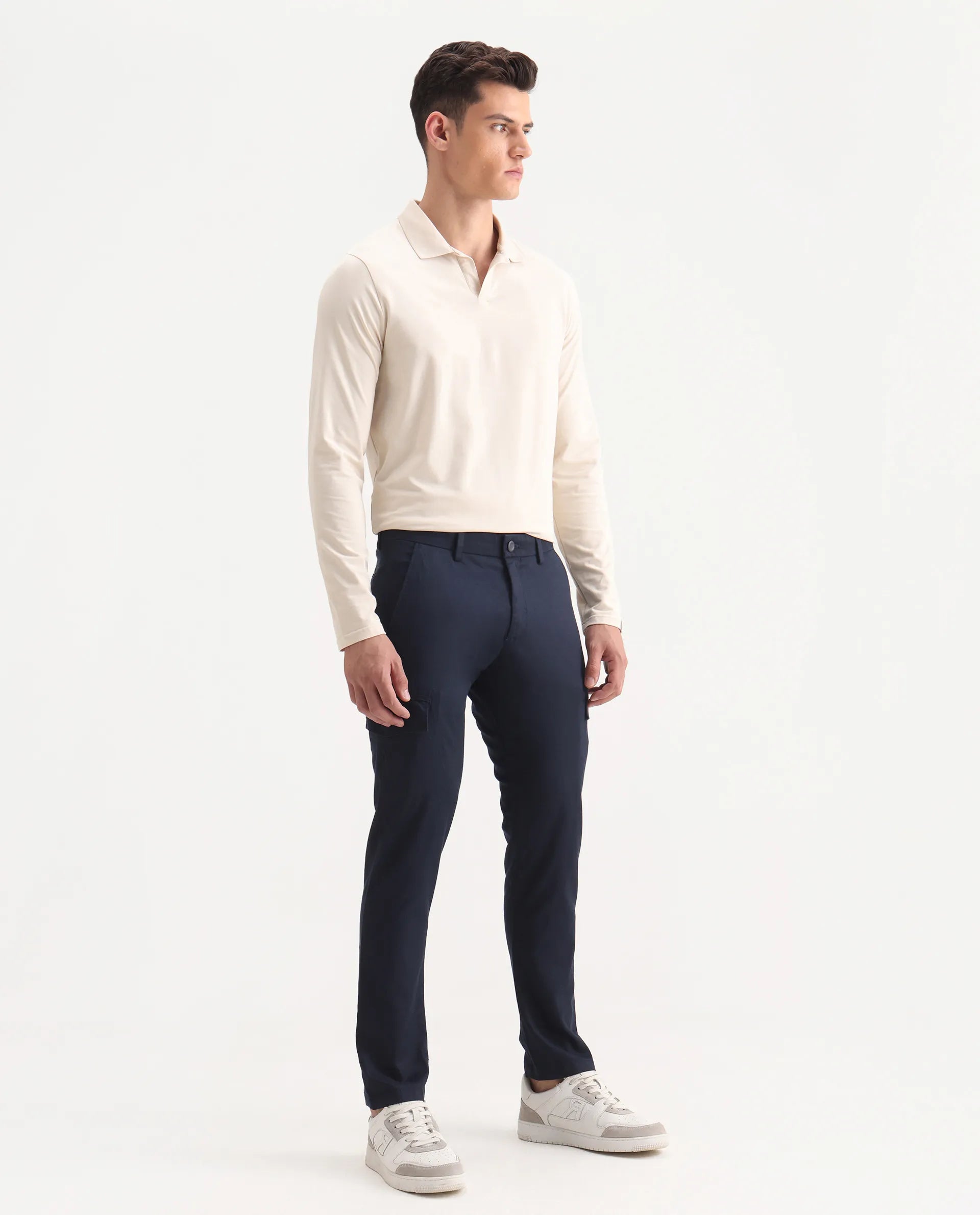 Rare Rabbit Men's Curo Navy Cotton Plain Regular Fit Trouser