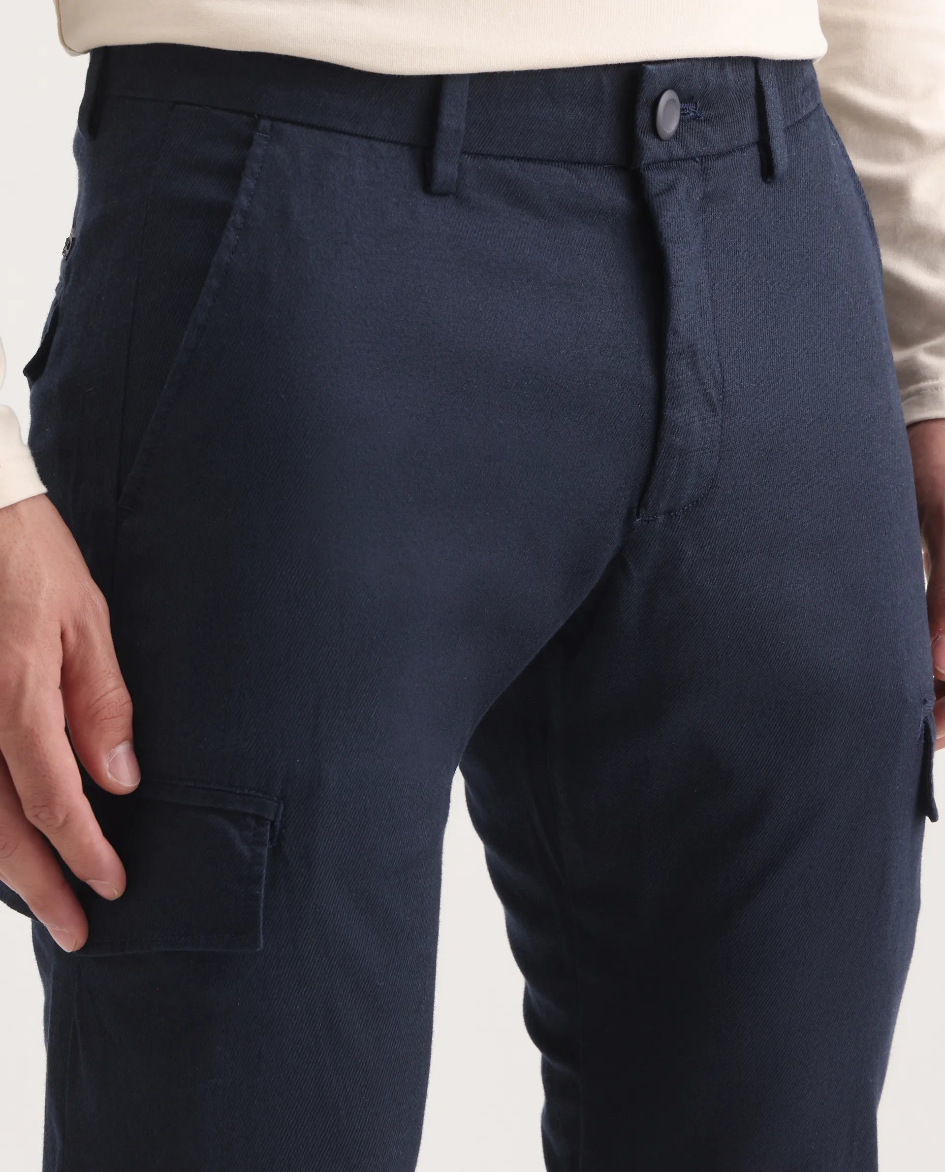 Rare Rabbit Men's Curo Navy Cotton Plain Regular Fit Trouser