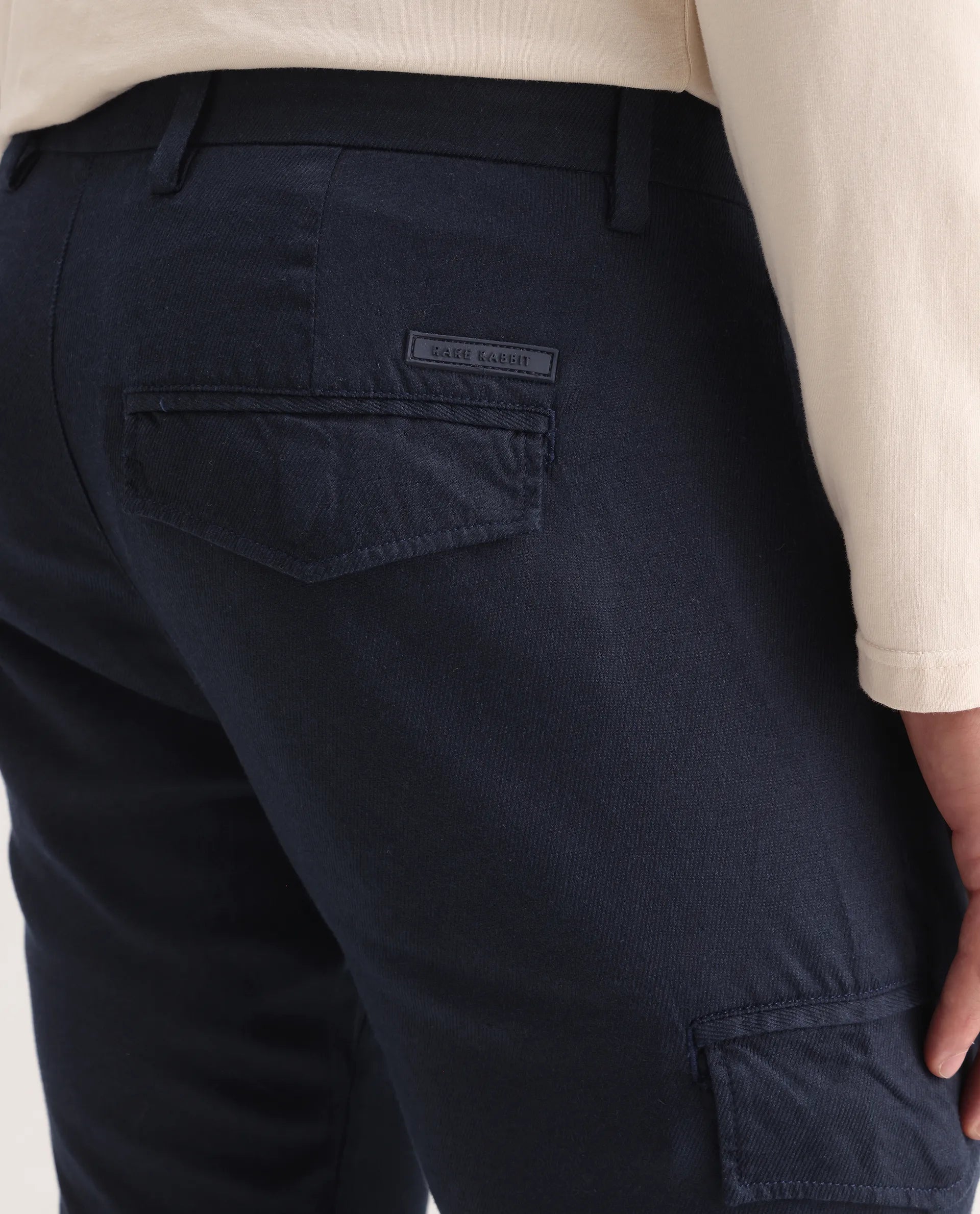 Rare Rabbit Men's Curo Navy Cotton Plain Regular Fit Trouser