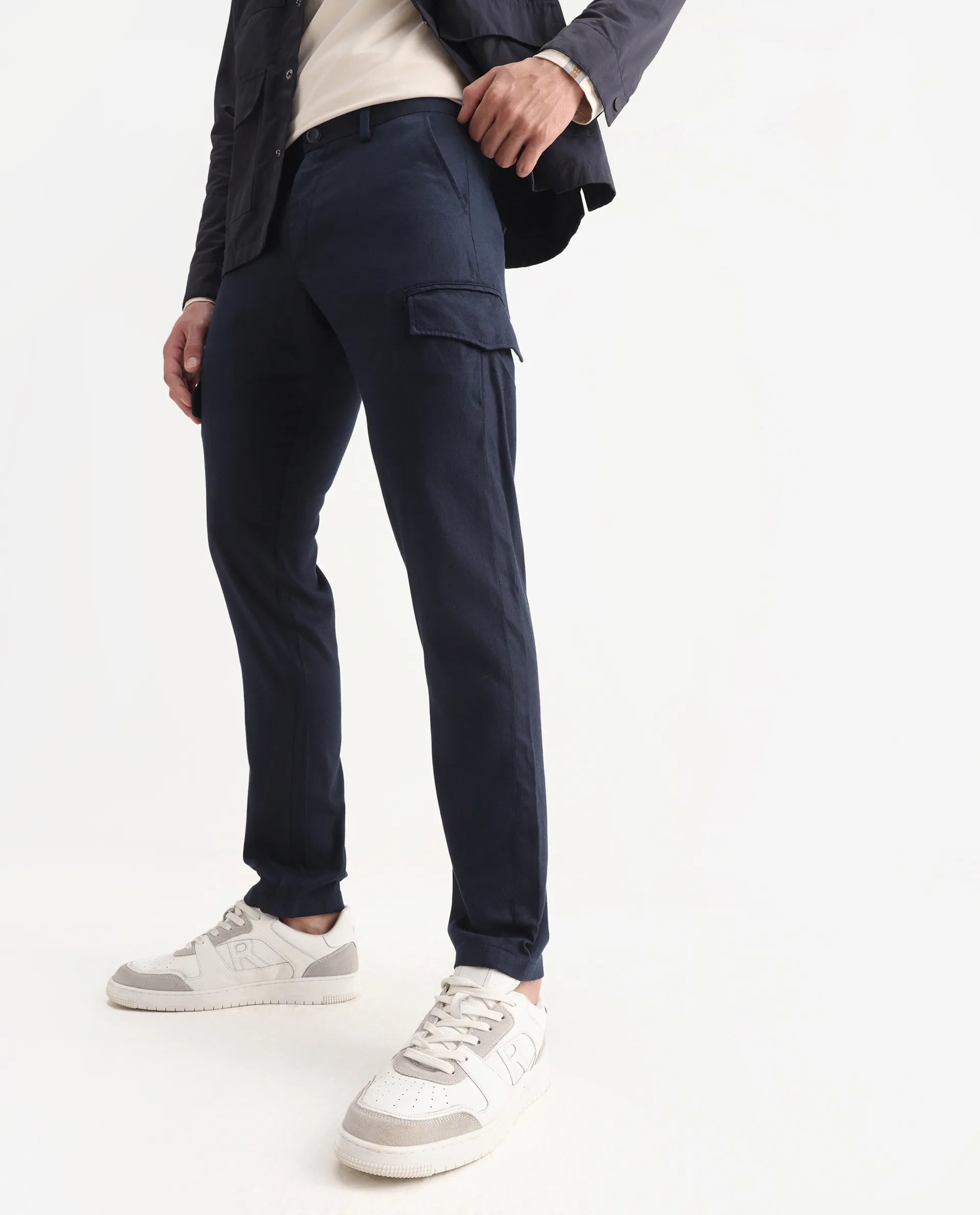 Rare Rabbit Men's Curo Navy Cotton Plain Regular Fit Trouser