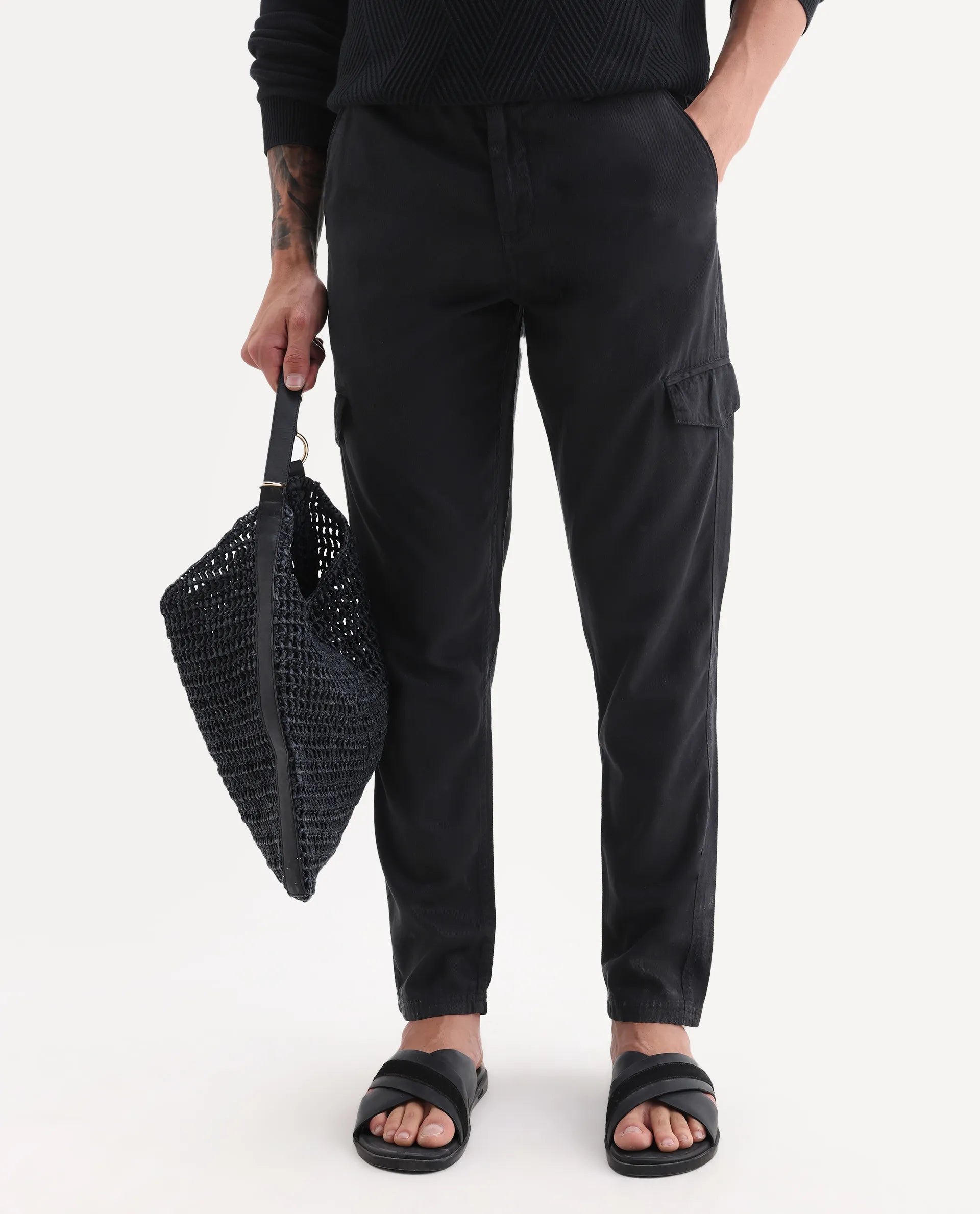 Rare Rabbit Men's Curon Black Cotton Plain Regular Fit Trouser