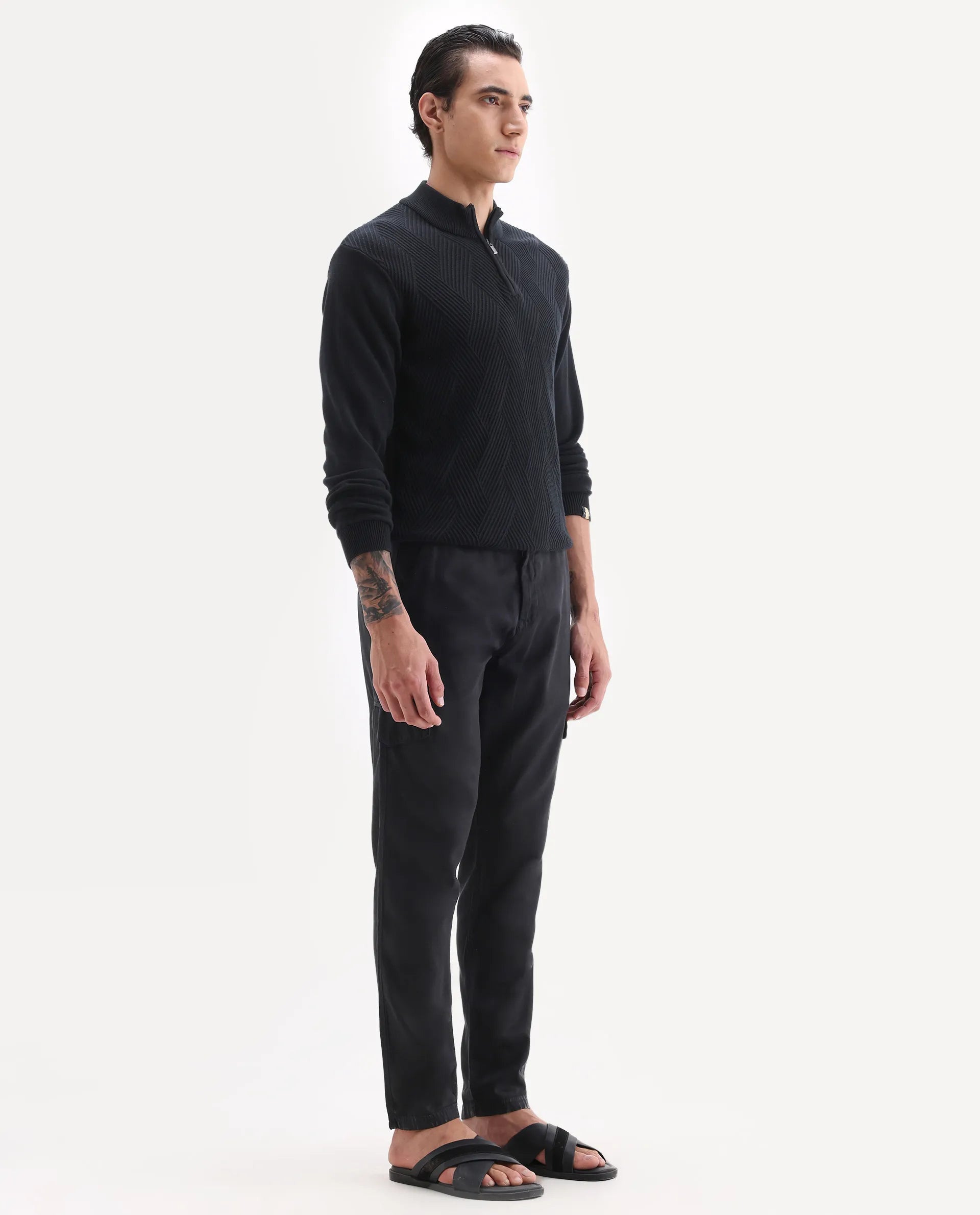 Rare Rabbit Men's Curon Black Cotton Plain Regular Fit Trouser