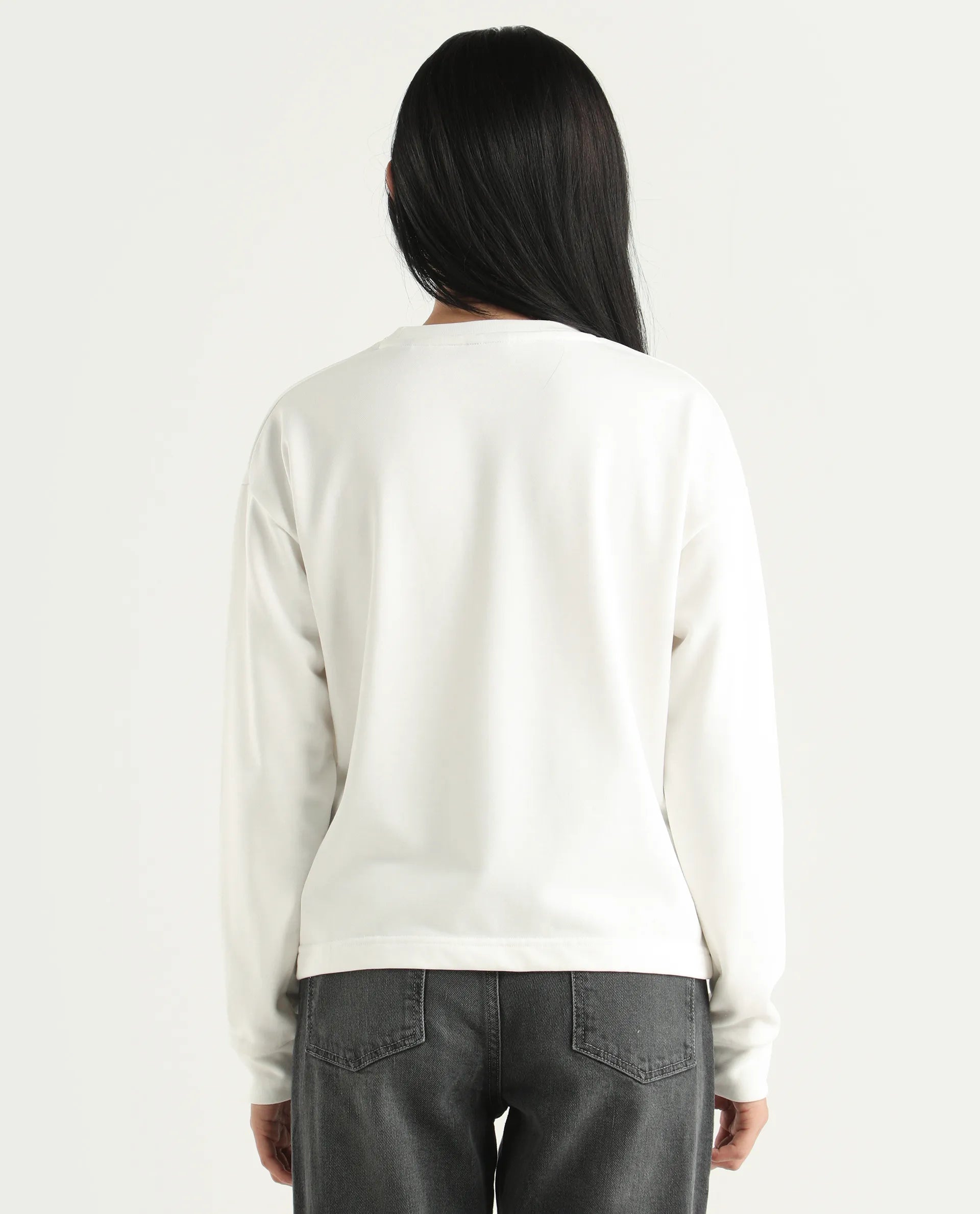 Rareism Women's Curtin Off White Polyester Blend Crew Neck Graphic Print Regular Fit Sweatshirt