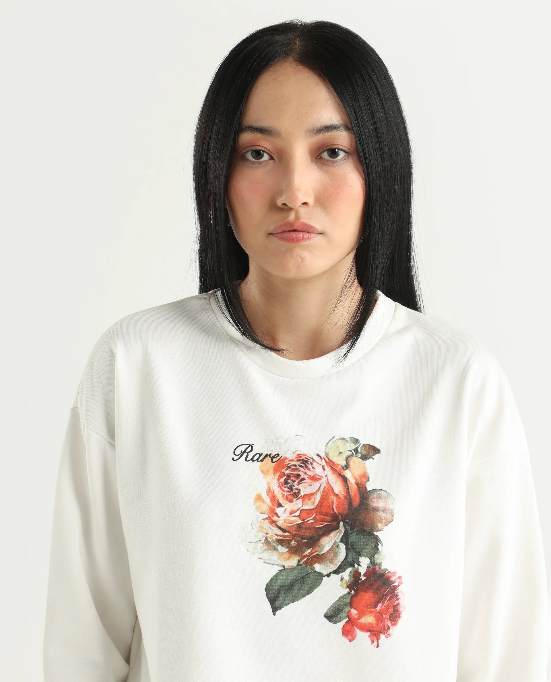 Rareism Women's Curtin Off White Polyester Blend Crew Neck Graphic Print Regular Fit Sweatshirt