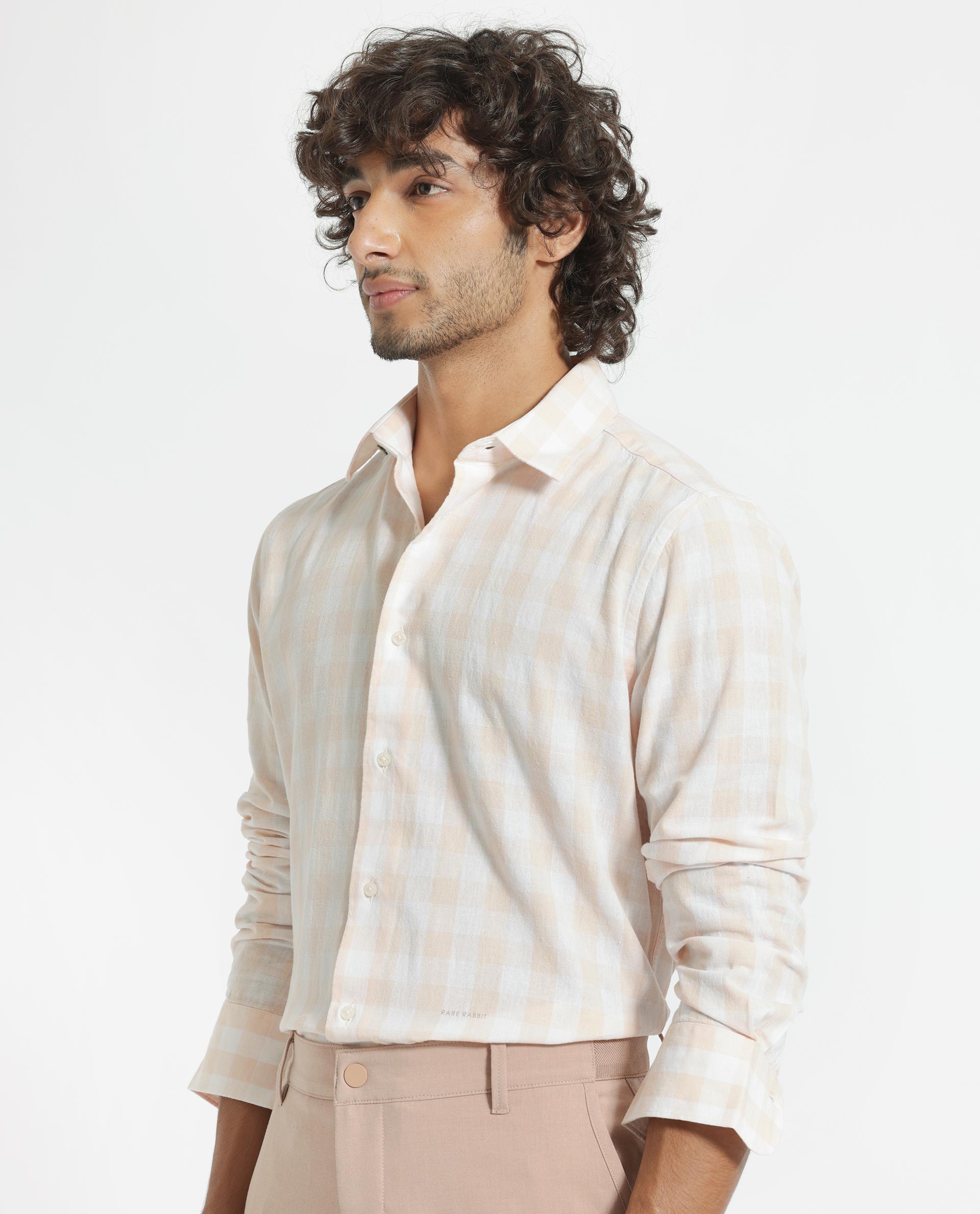 Rare Rabbit Men's Cutro Light Orange Cotton Fabric Full Sleeves Checks Shirt