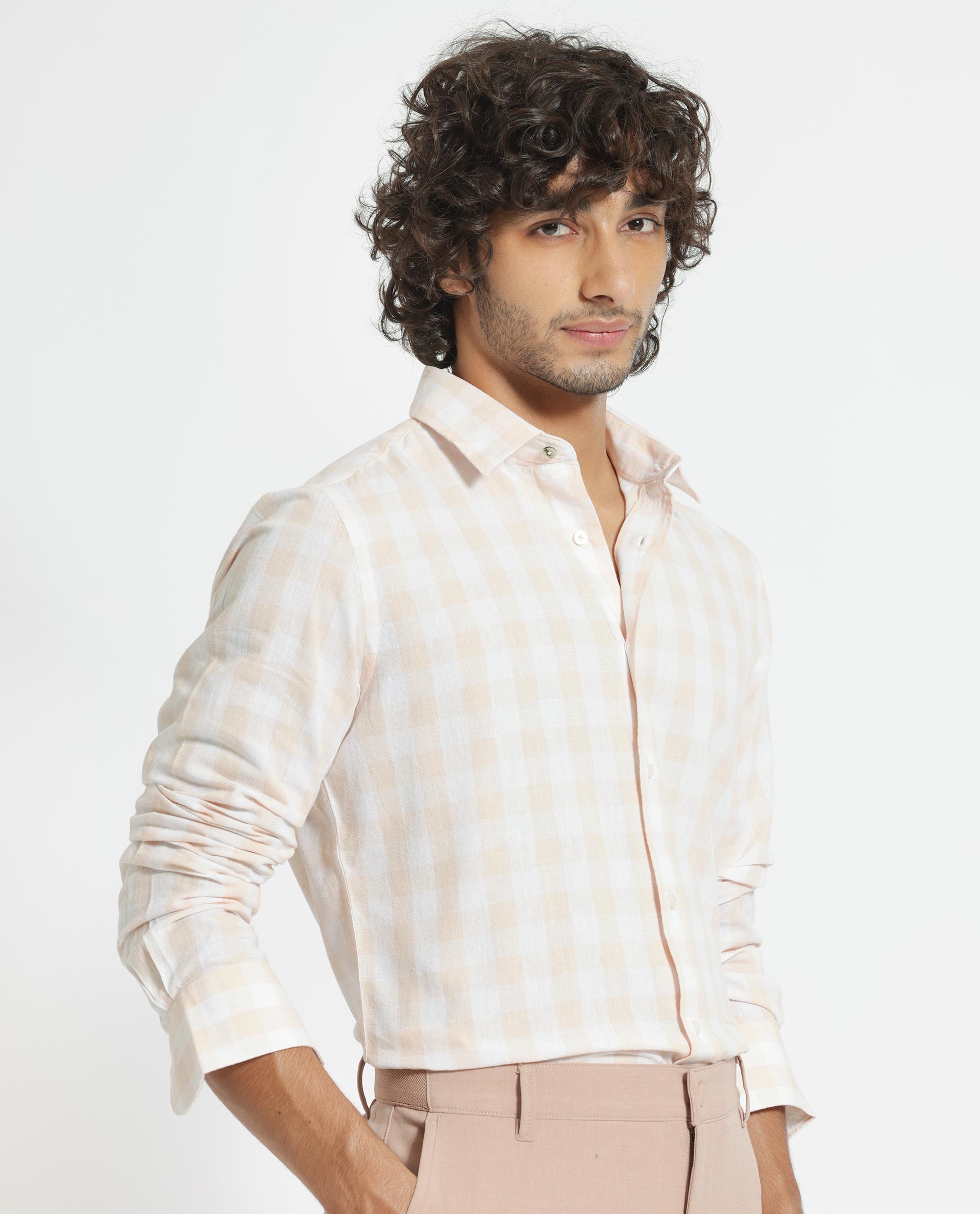 Rare Rabbit Men's Cutro Light Orange Cotton Fabric Full Sleeves Checks Shirt