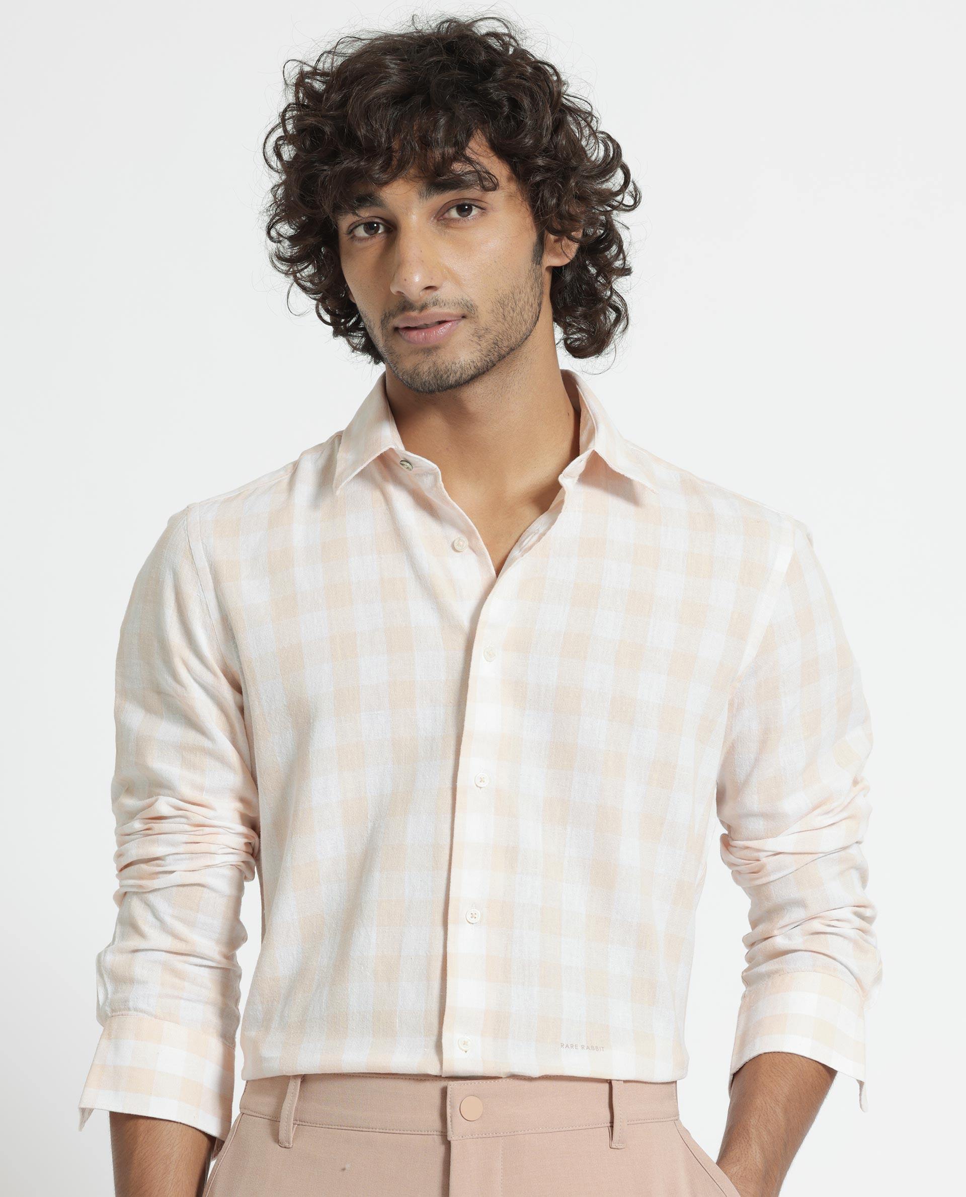 Rare Rabbit Men's Cutro Light Orange Cotton Fabric Full Sleeves Checks Shirt