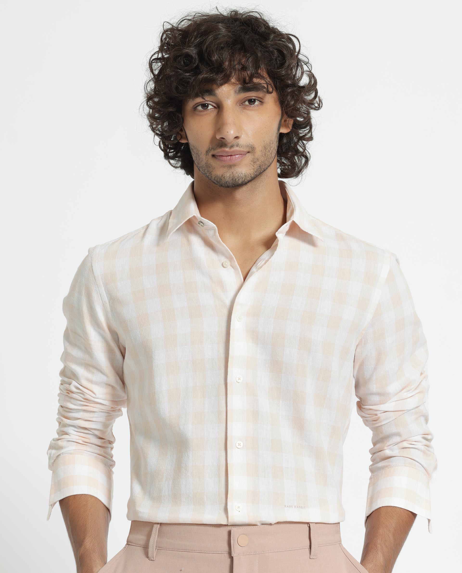 Rare Rabbit Men's Cutro Light Orange Cotton Fabric Full Sleeves Checks Shirt