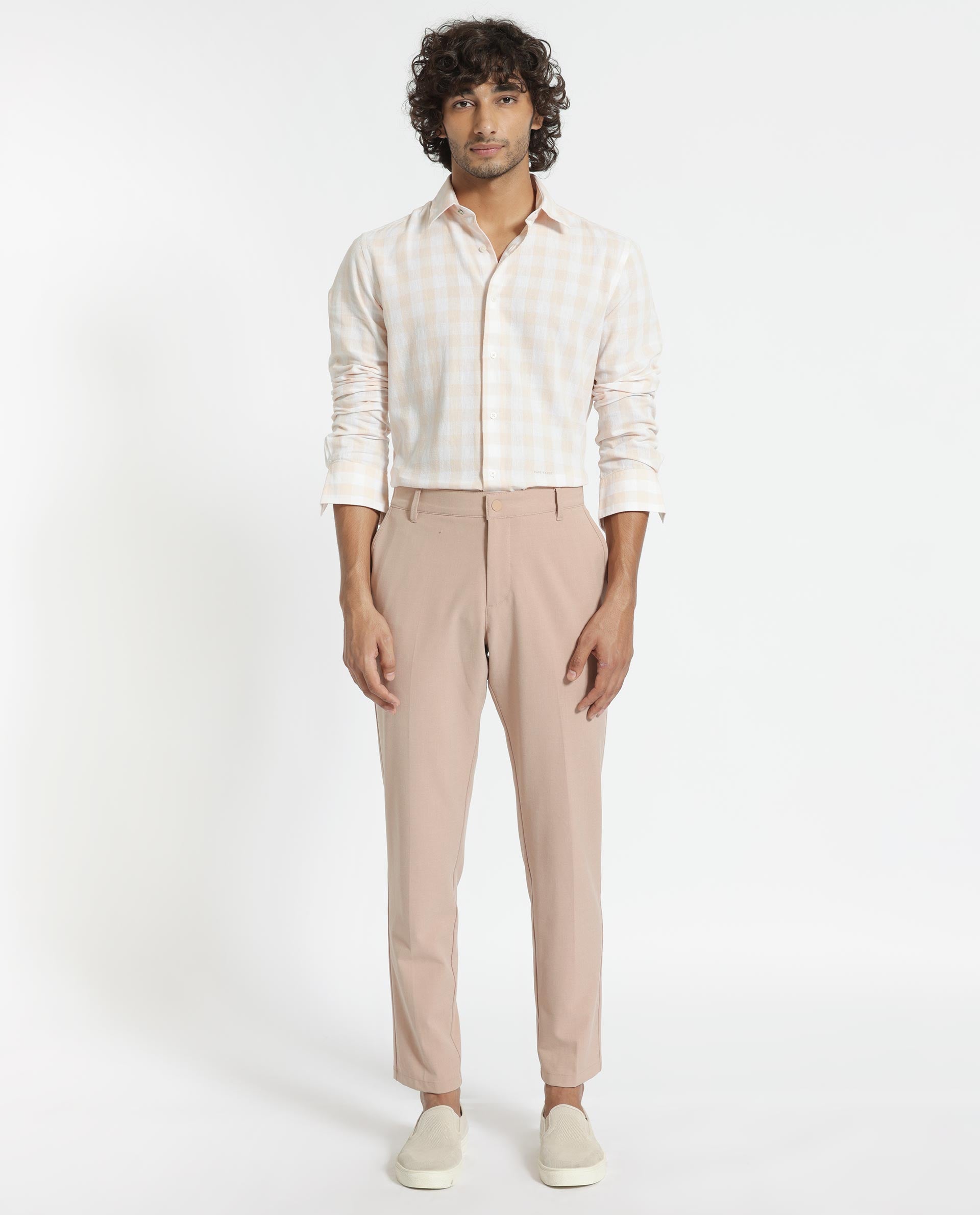 Rare Rabbit Men's Cutro Light Orange Cotton Fabric Full Sleeves Checks Shirt