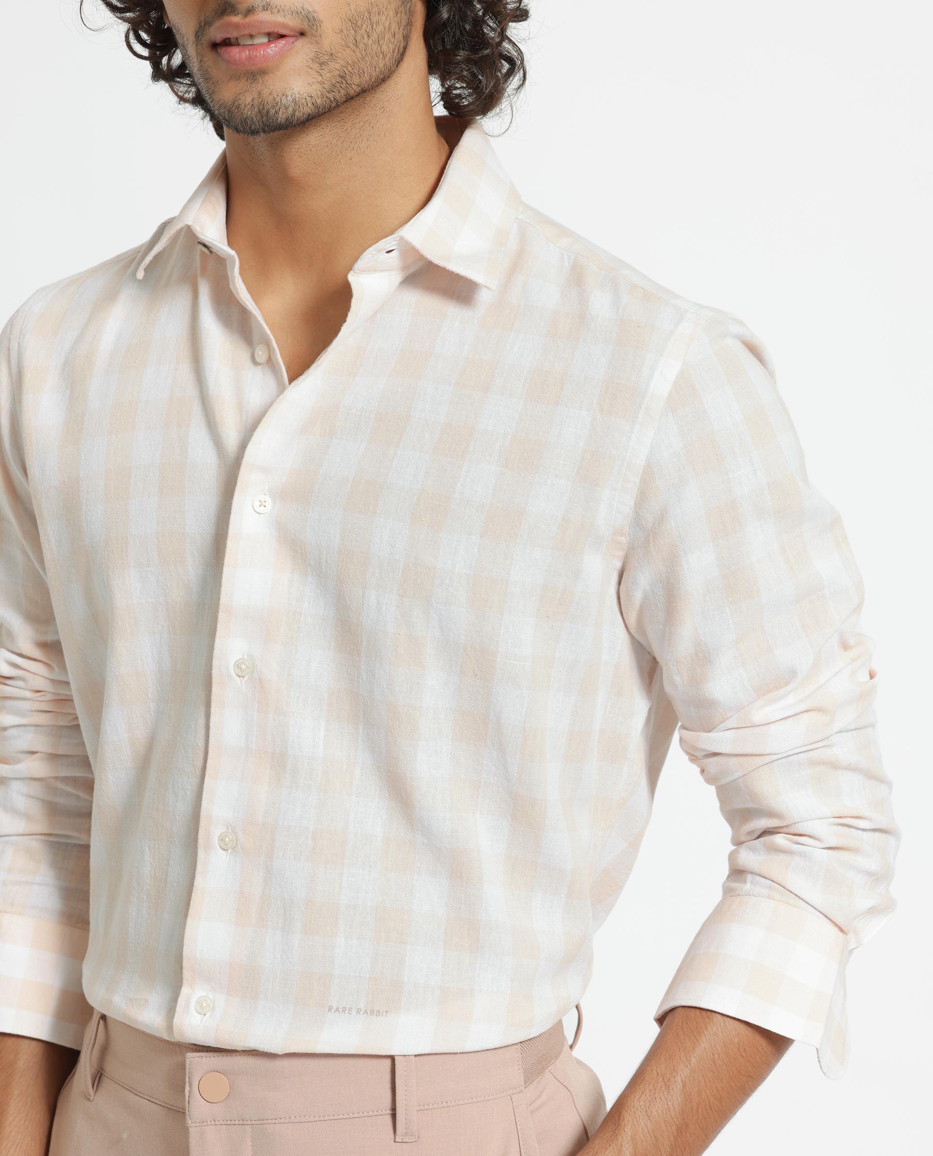 Rare Rabbit Men's Cutro Light Orange Cotton Fabric Full Sleeves Checks Shirt