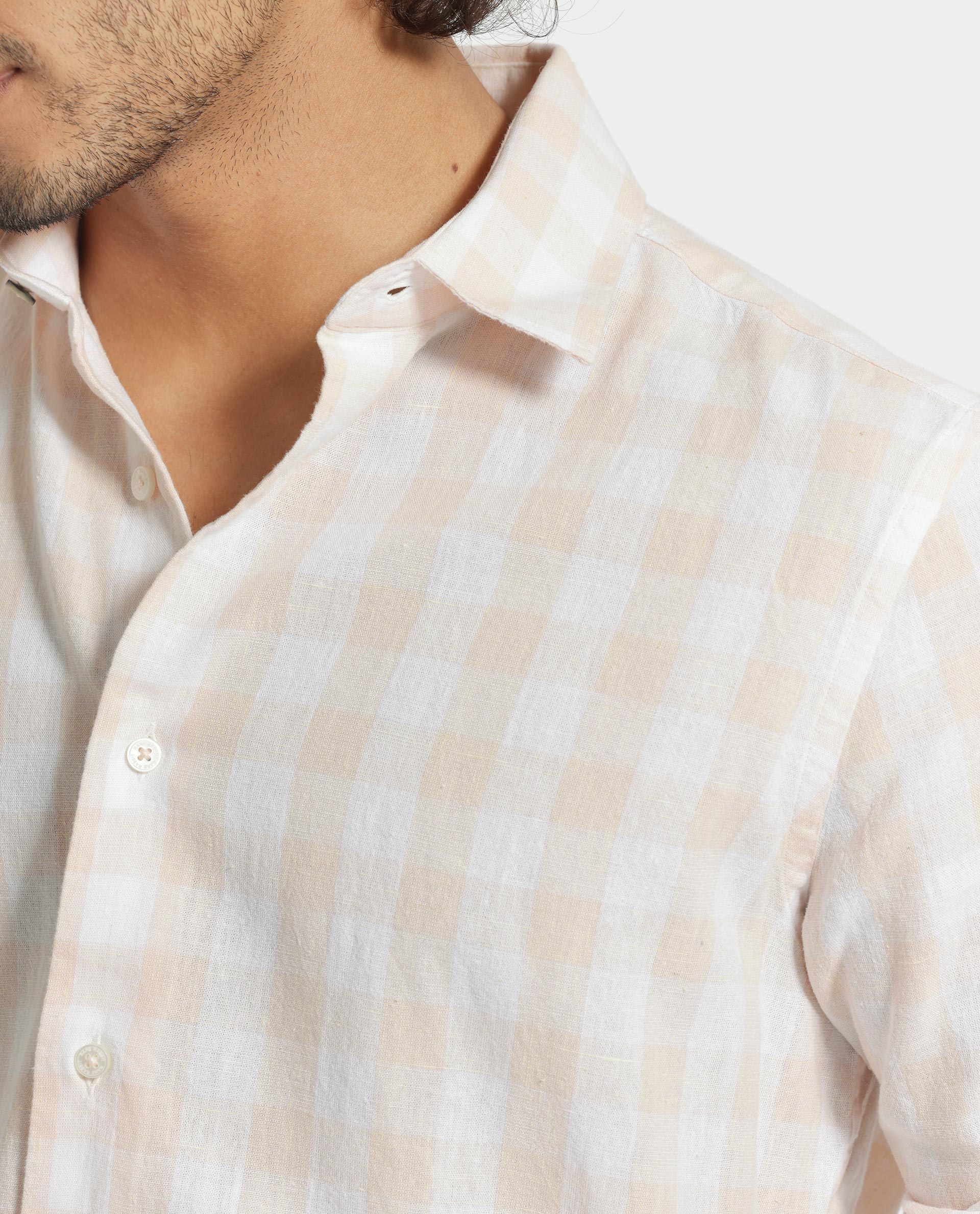 Rare Rabbit Men's Cutro Light Orange Cotton Fabric Full Sleeves Checks Shirt