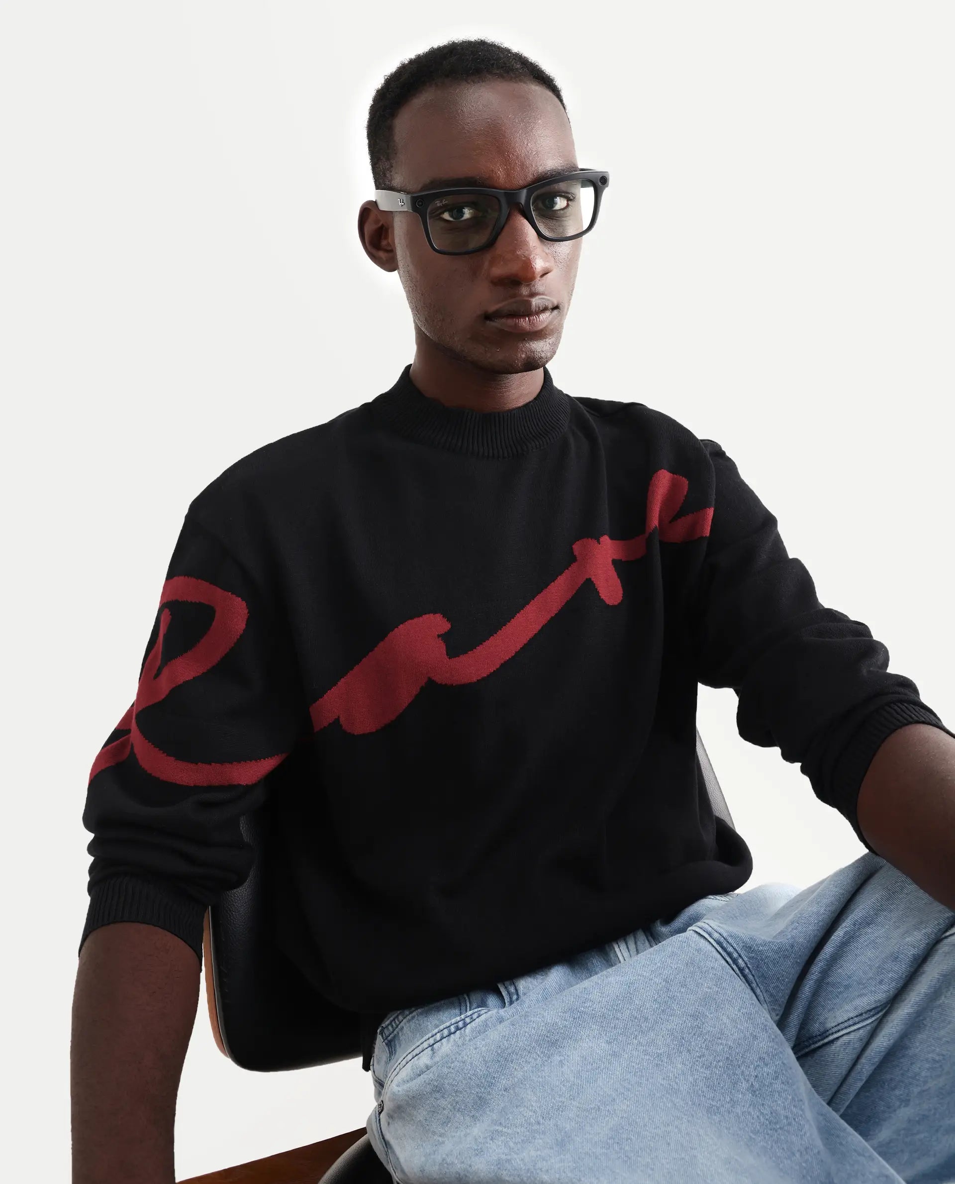 Rare Rabbit Men's Cyan Black Cotton Textured Regular Fit Full Sleeve Crew Neck Sweater
