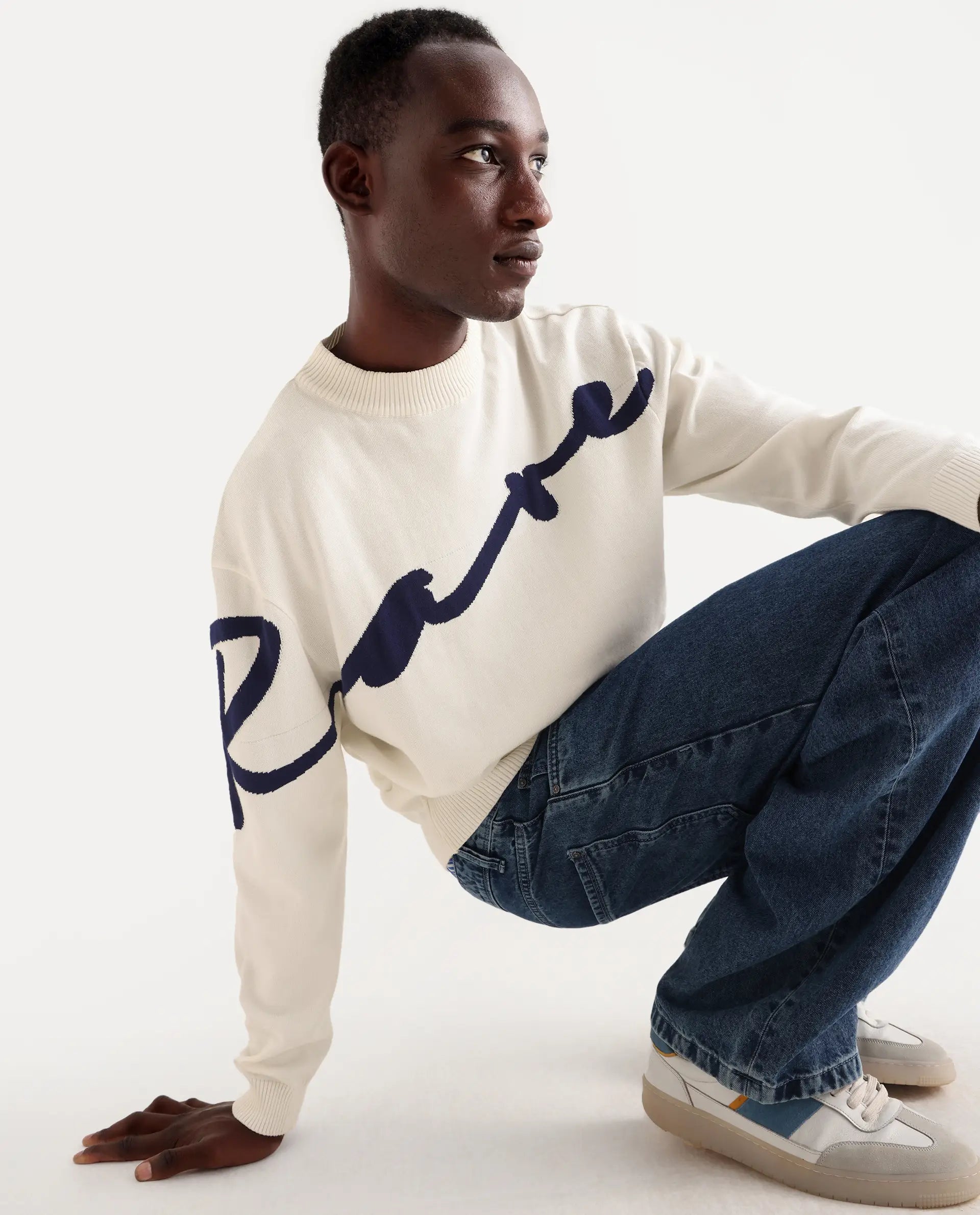 Rare Rabbit Men's Cyan Off White Cotton Textured Regular Fit Full Sleeve Crew Neck Sweater