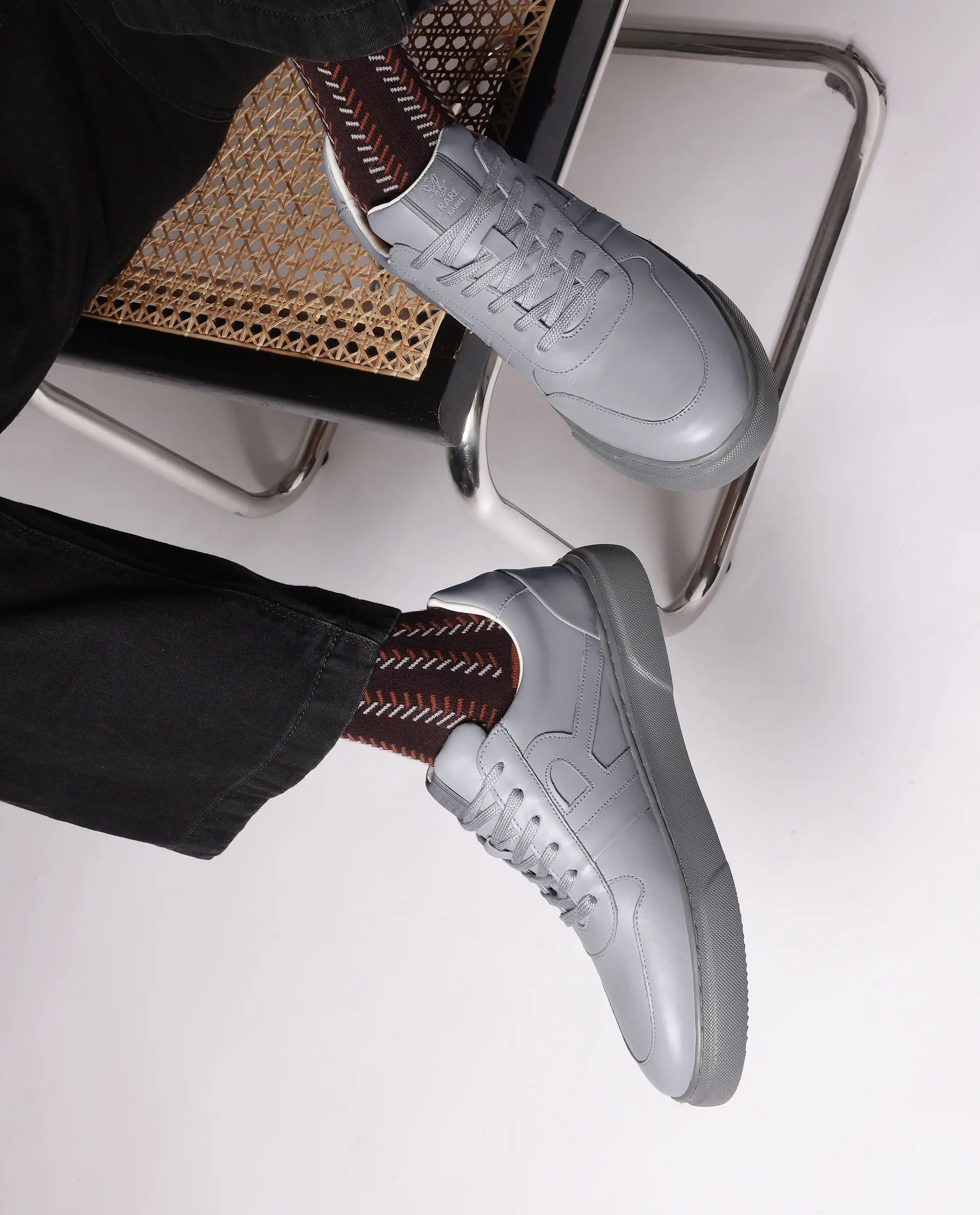 Rare Rabbit Men's Cygnus Grey Genuine Leather Monotone Low-Top Lace-Up Branded Sneaker Shoes