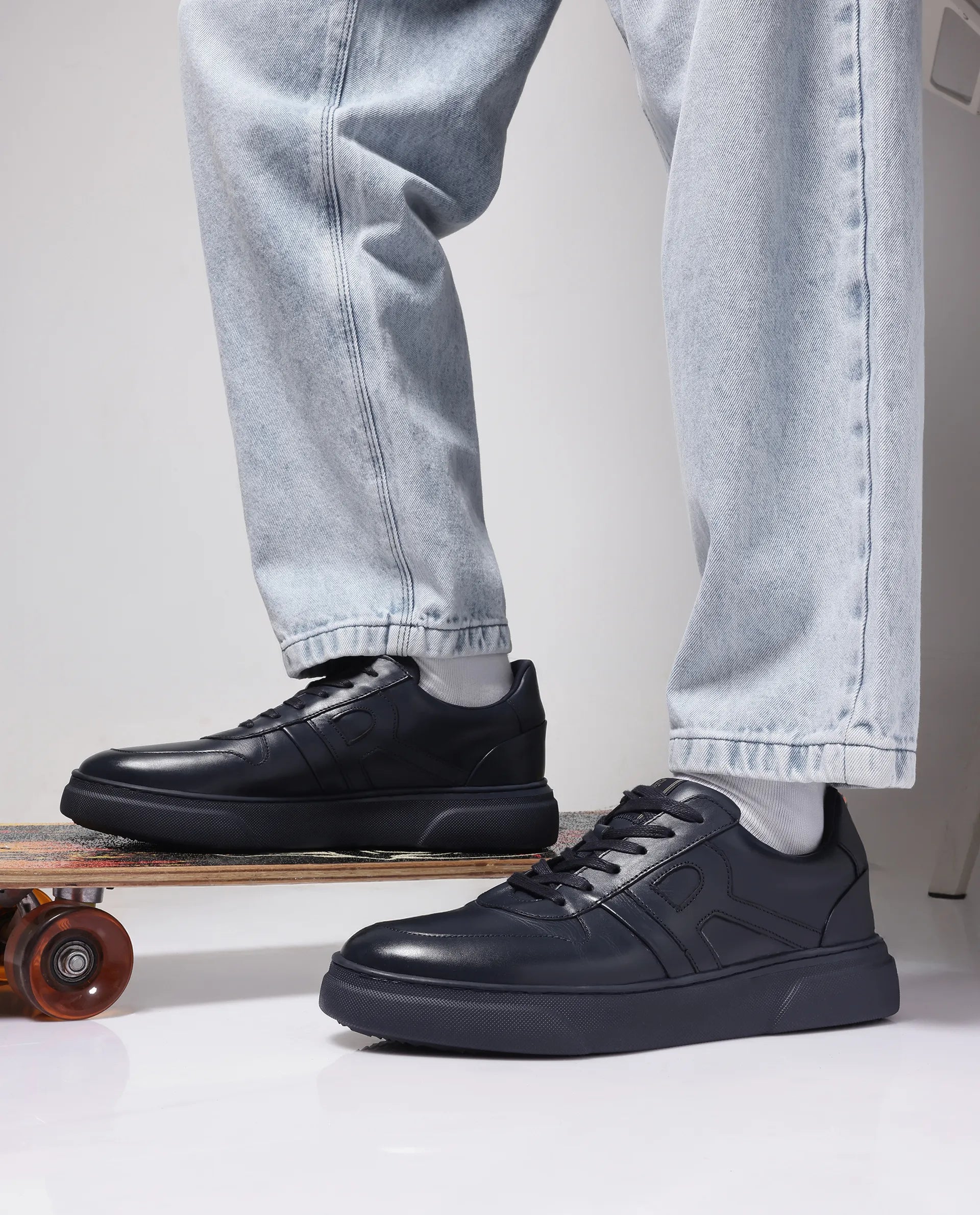 Rare Rabbit Men's Cygnus Navy Genuine Leather Monotone Low-Top Lace-Up Branded Sneaker Shoes