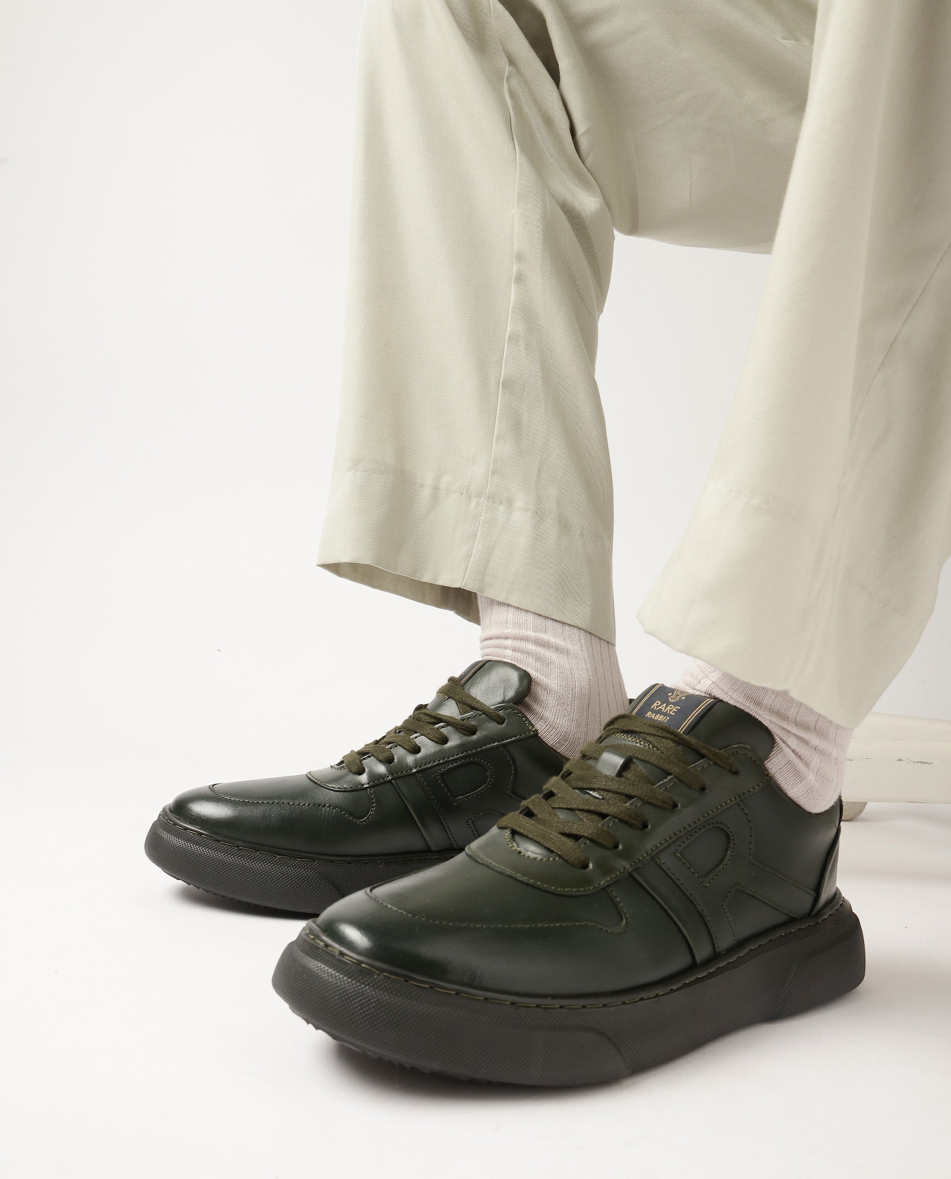 Rare Rabbit Men's Cygnus Green Genuine Leather Monotone Low-top Lace-up Branded Sneaker Shoes