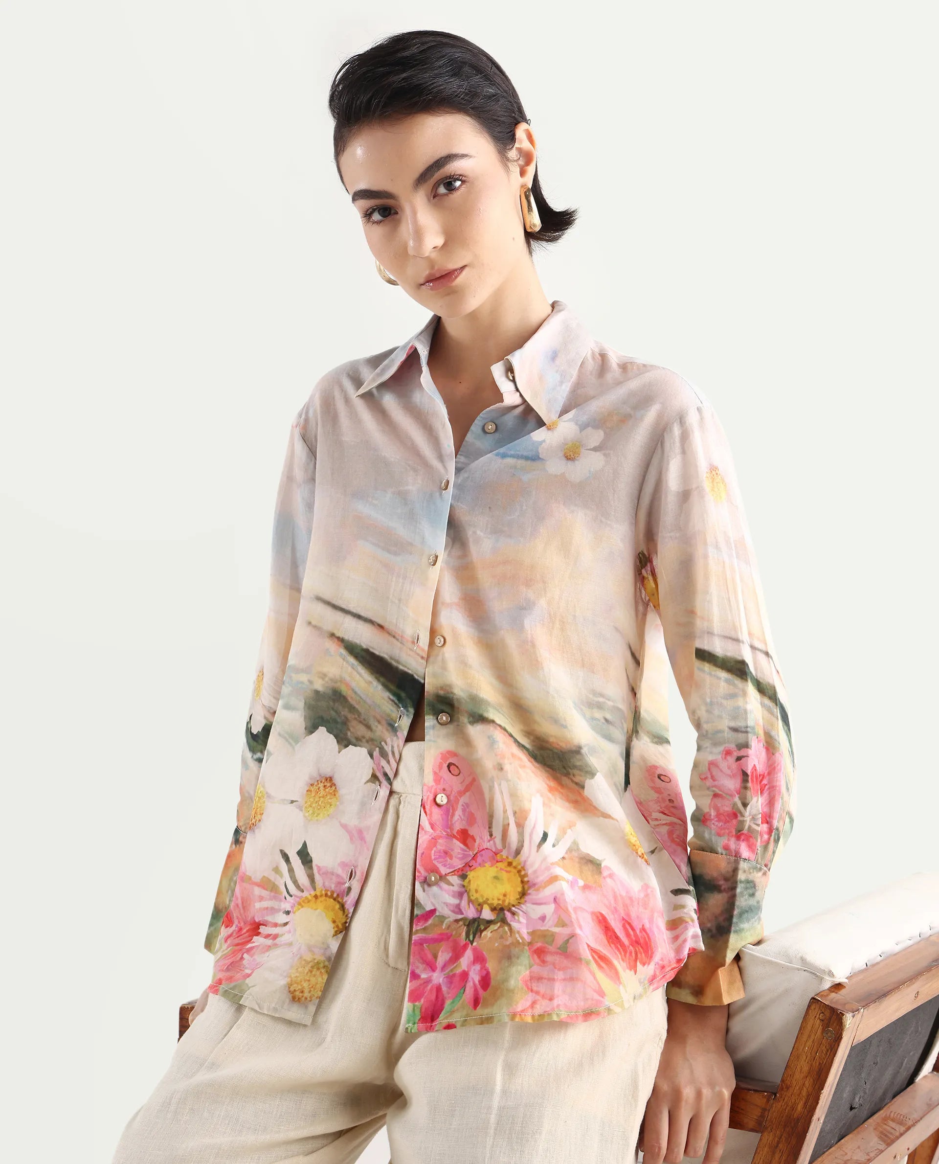 Rareism Women's Cyno Multi Cotton Drop Collar Floral Print Cuffed Sleeve Regular Fit Top