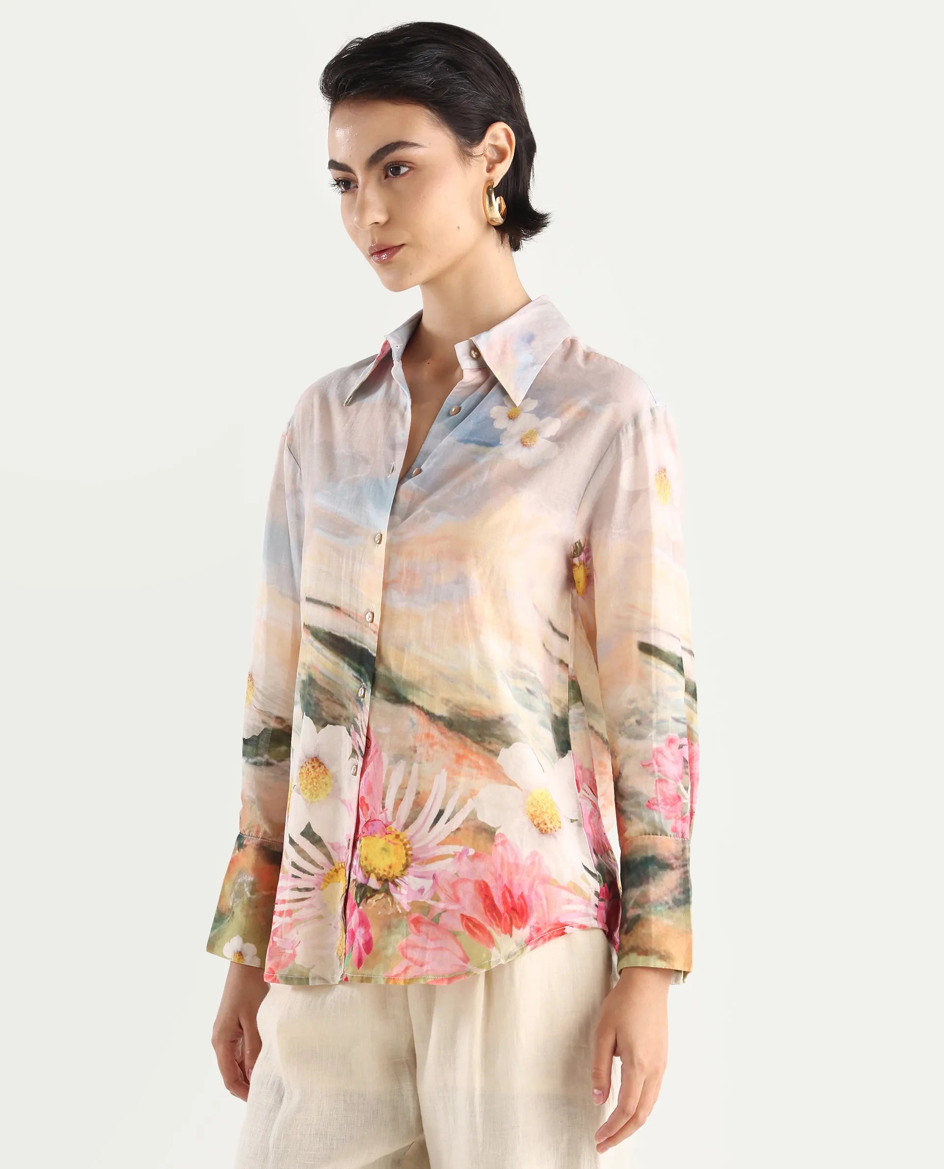 Rareism Women's Cyno Multi Cotton Drop Collar Floral Print Cuffed Sleeve Regular Fit Top