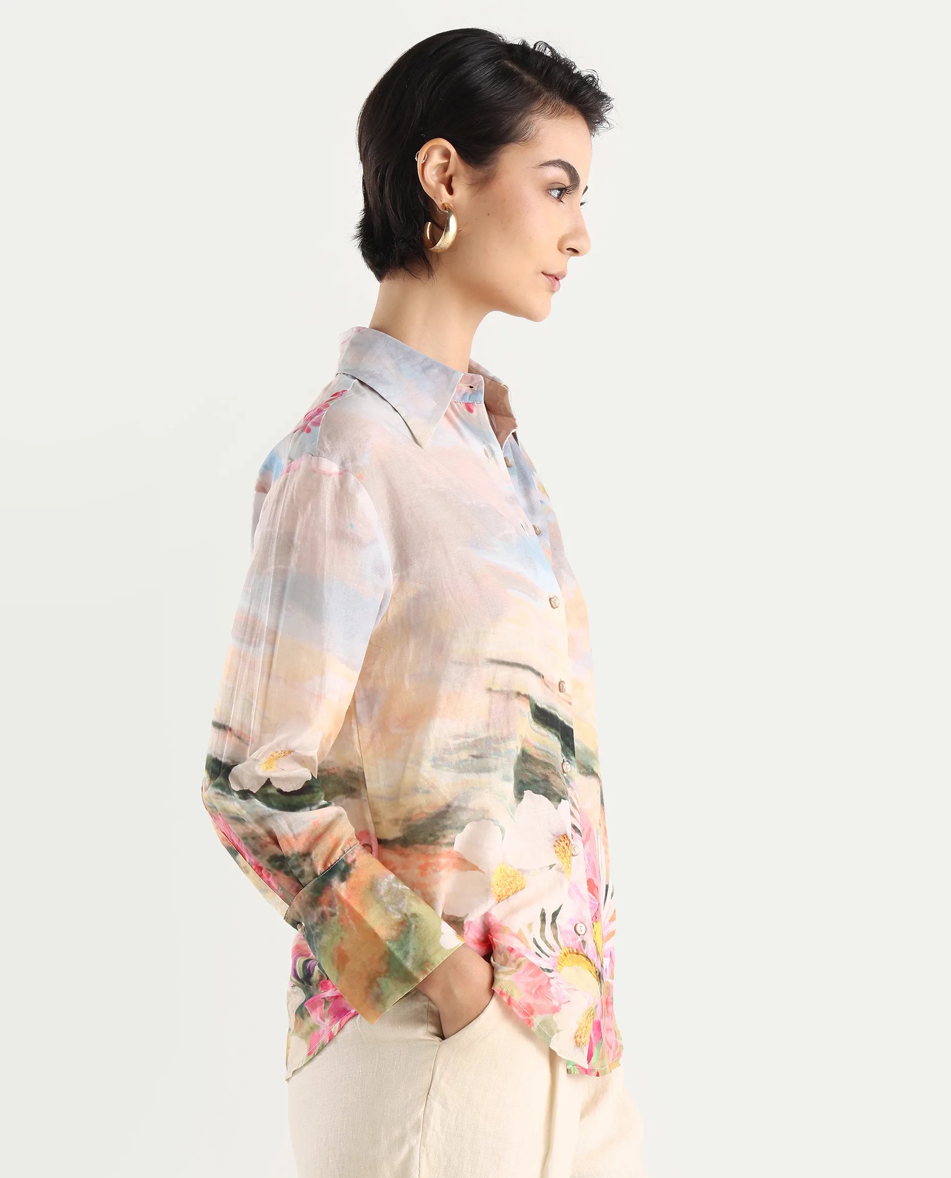 Rareism Women's Cyno Multi Cotton Drop Collar Floral Print Cuffed Sleeve Regular Fit Top