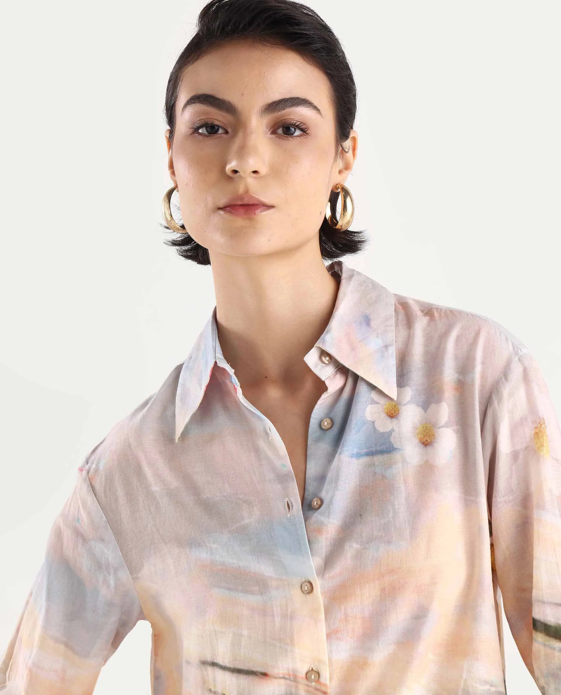 Rareism Women's Cyno Multi Cotton Drop Collar Floral Print Cuffed Sleeve Regular Fit Top