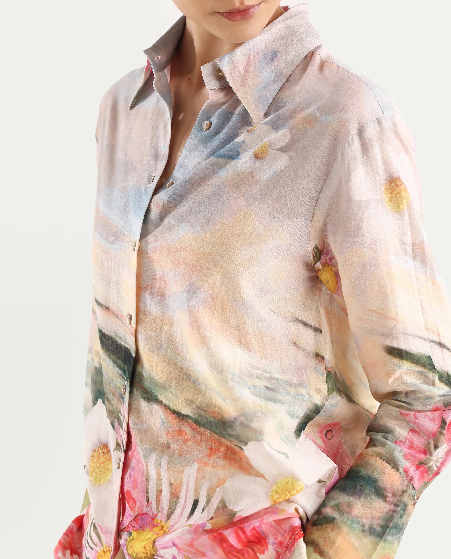 Rareism Women's Cyno Multi Cotton Drop Collar Floral Print Cuffed Sleeve Regular Fit Top