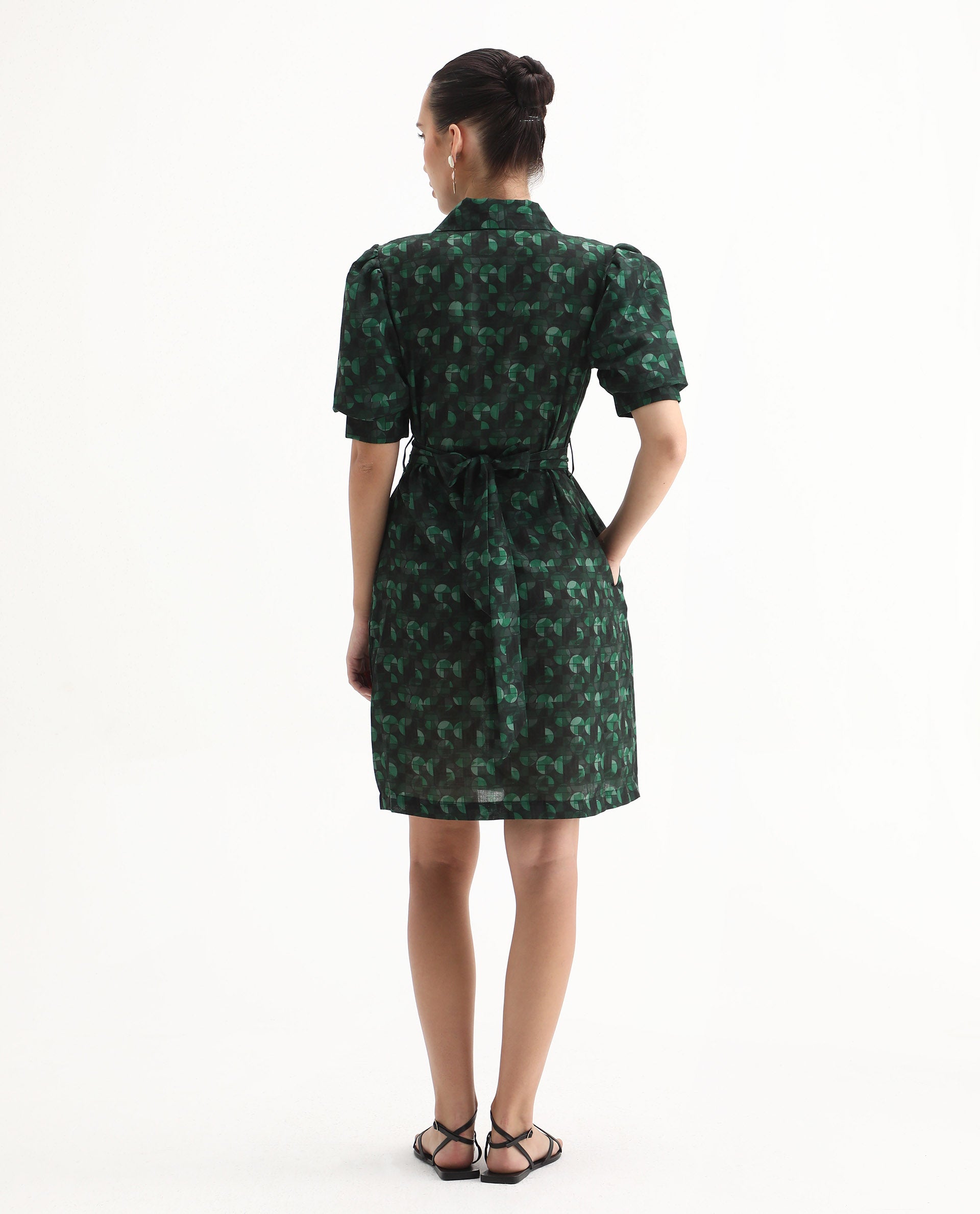 Rareism Women's Cynthia Dark Green Linen Drop Collar Abstract Print Puff Sleeves Mini Straight Fit Dress