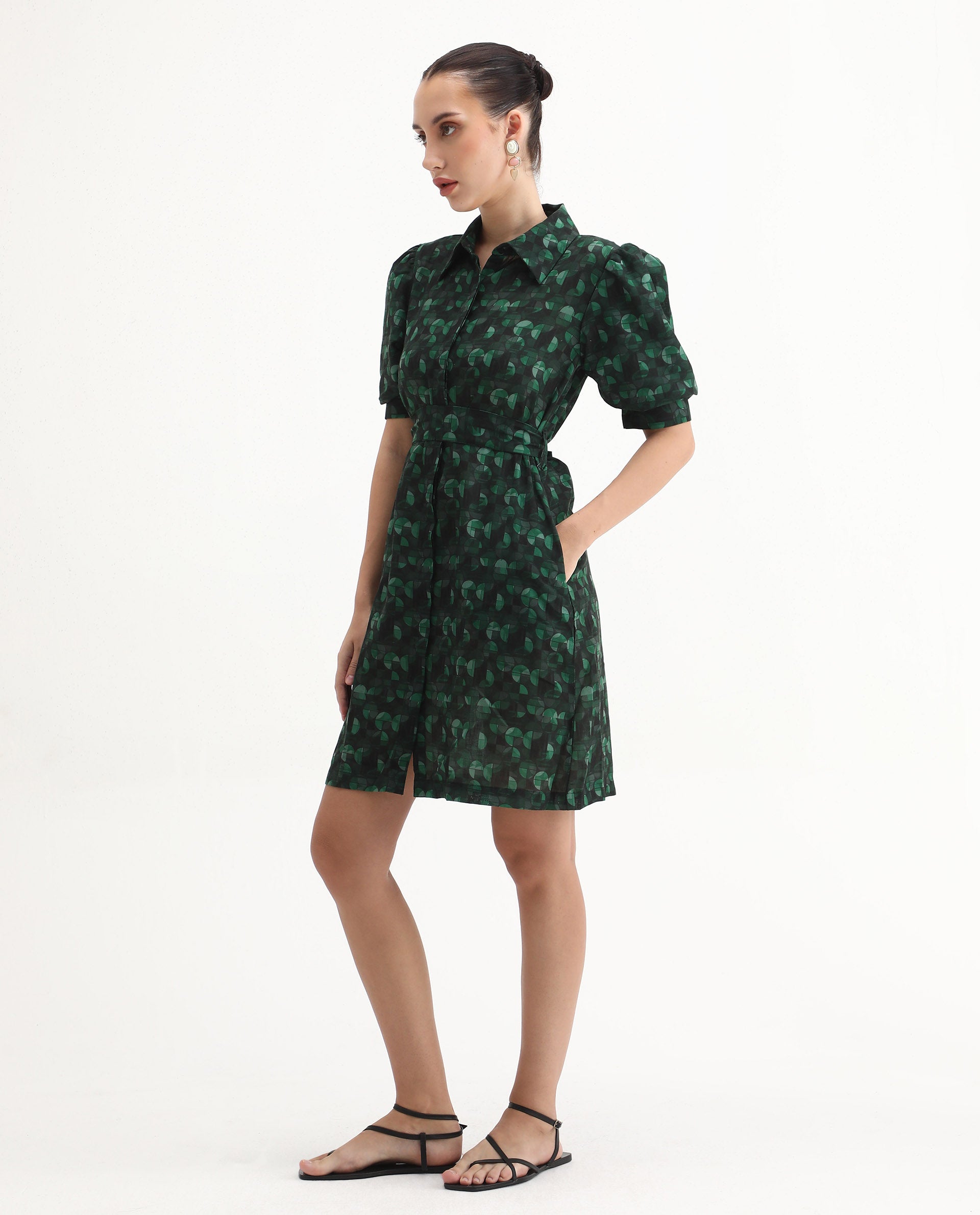 Rareism Women's Cynthia Dark Green Linen Drop Collar Abstract Print Pu