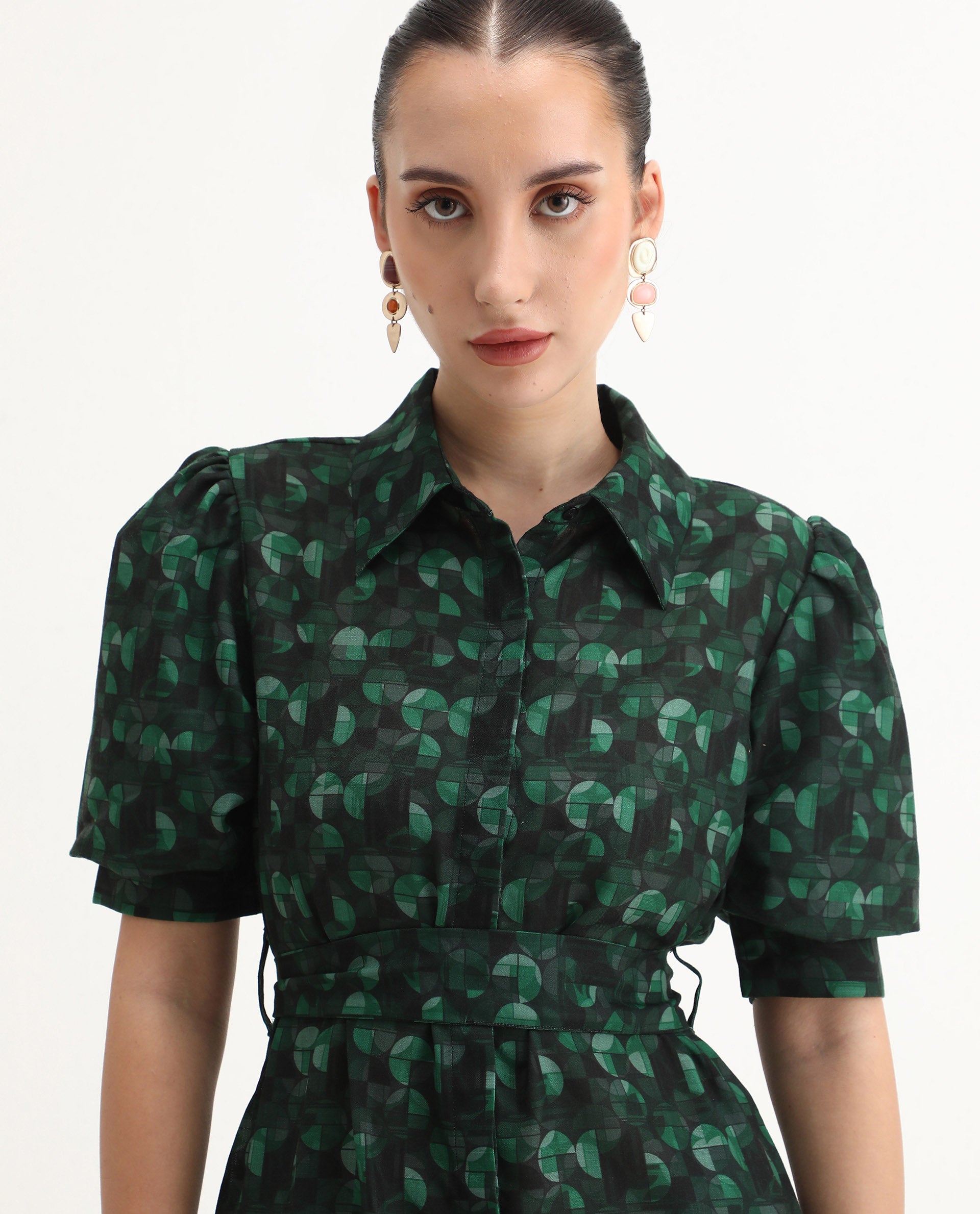 Rareism Women's Cynthia Dark Green Linen Drop Collar Abstract Print Puff Sleeves Mini Straight Fit Dress