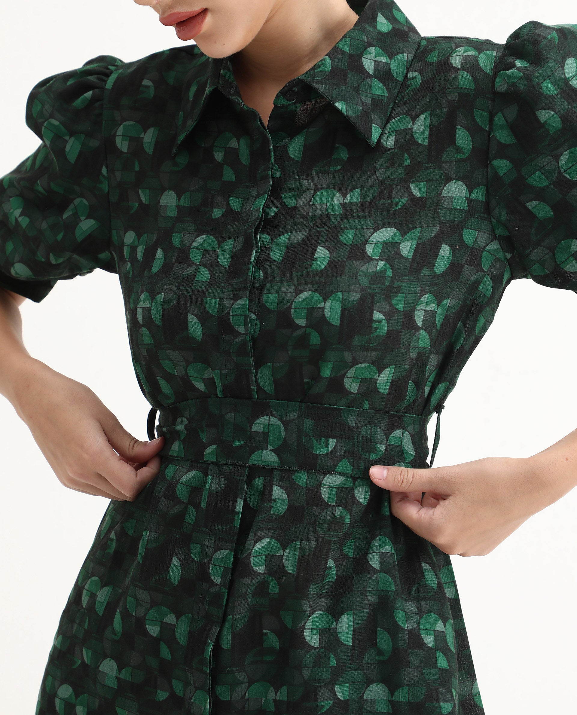 Rareism Women's Cynthia Dark Green Linen Drop Collar Abstract Print Puff Sleeves Mini Straight Fit Dress