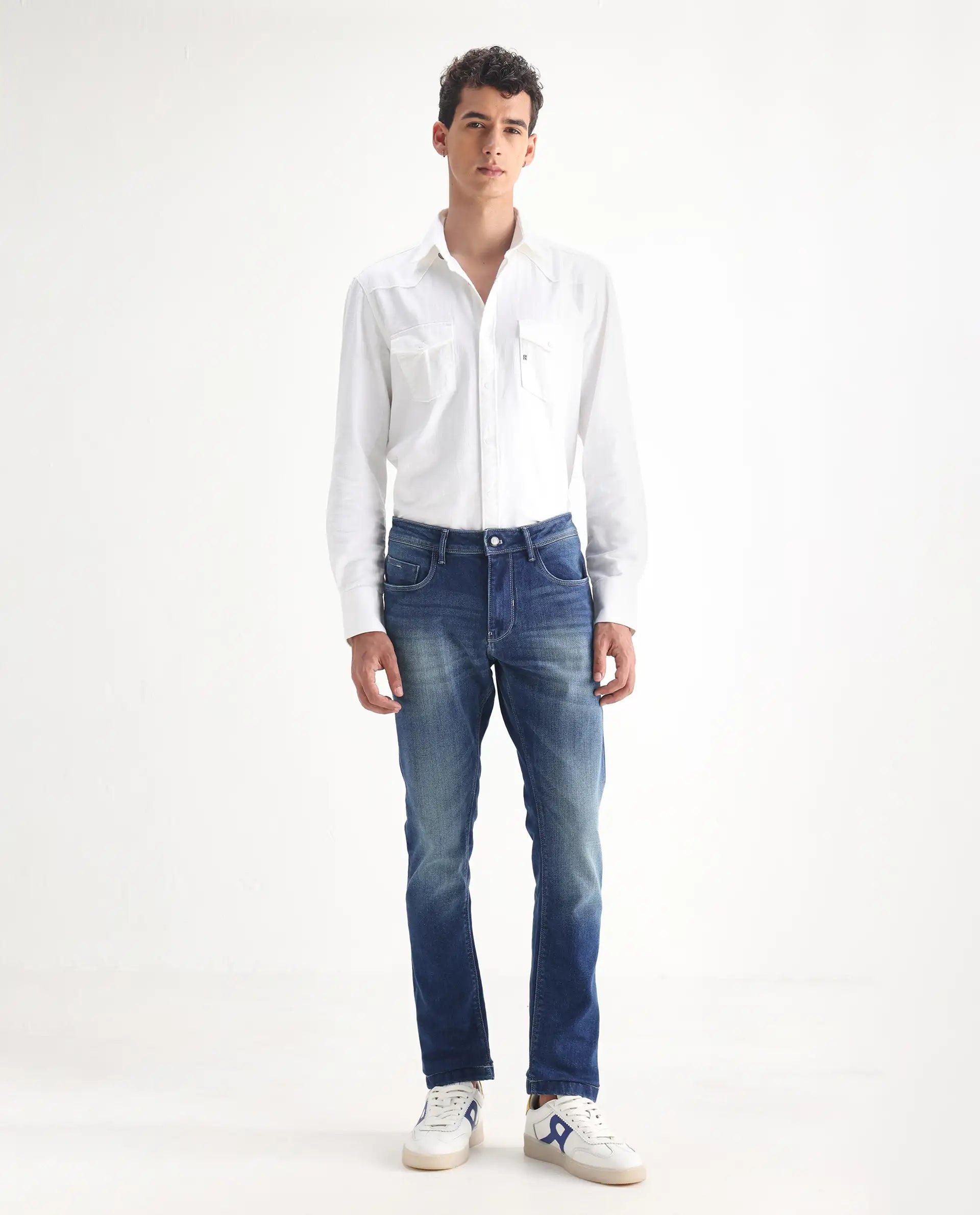 Rare Rabbit Men's Cyr Light Blue Cotton Plain Hawk Slim Fit Jeans