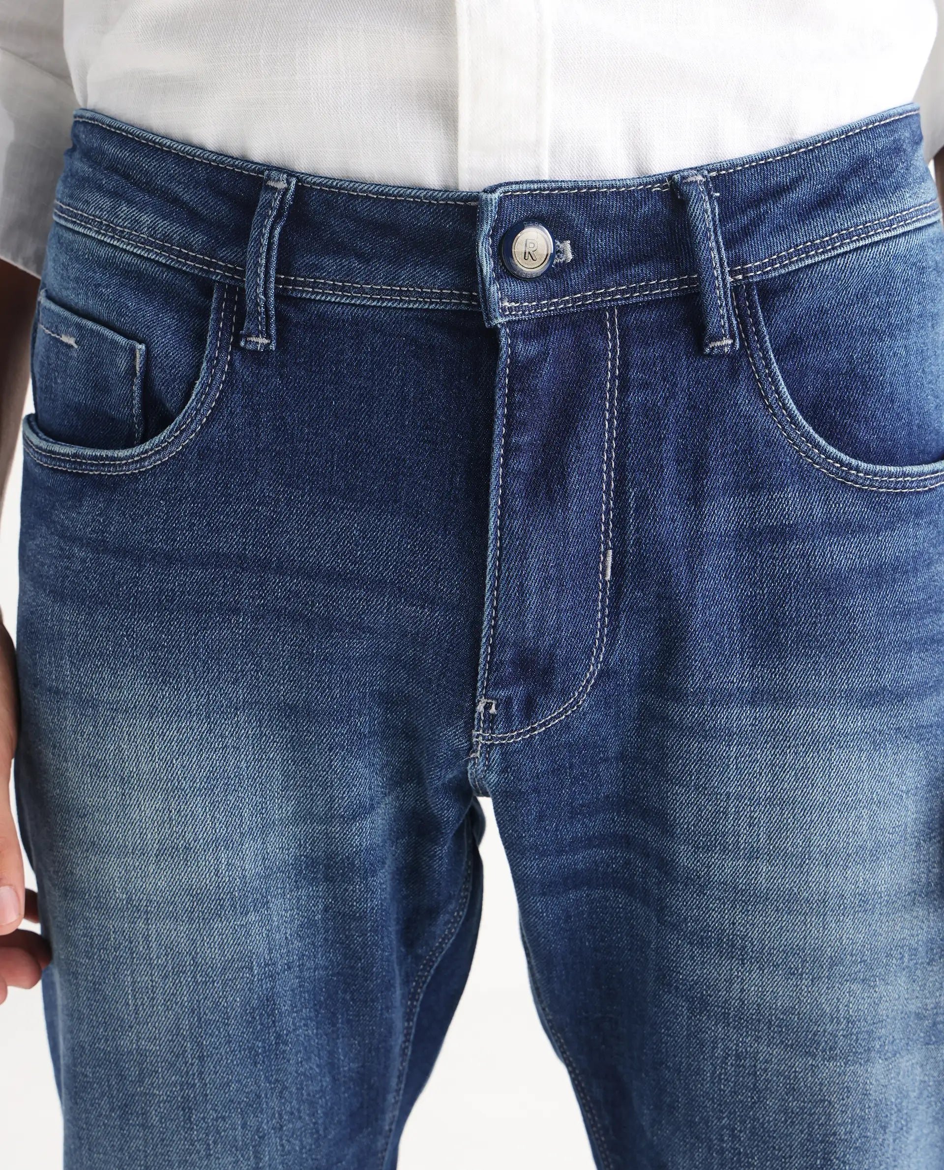 Rare Rabbit Men's Cyr Light Blue Cotton Plain Hawk Slim Fit Jeans